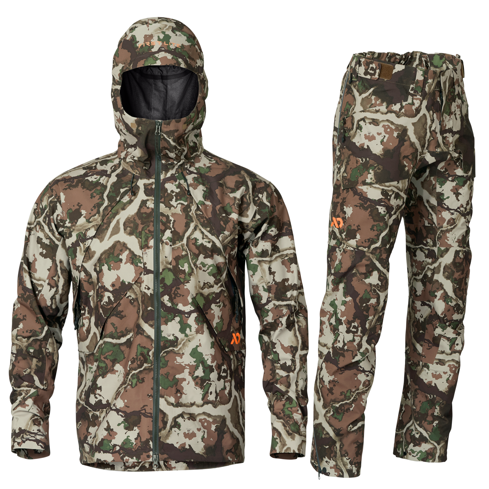 A camouflage hooded jacket and matching pants set shown on a plain white background. The pattern mixes brown, green, beige, and black in a camo print, with a small orange logo on the chest.
