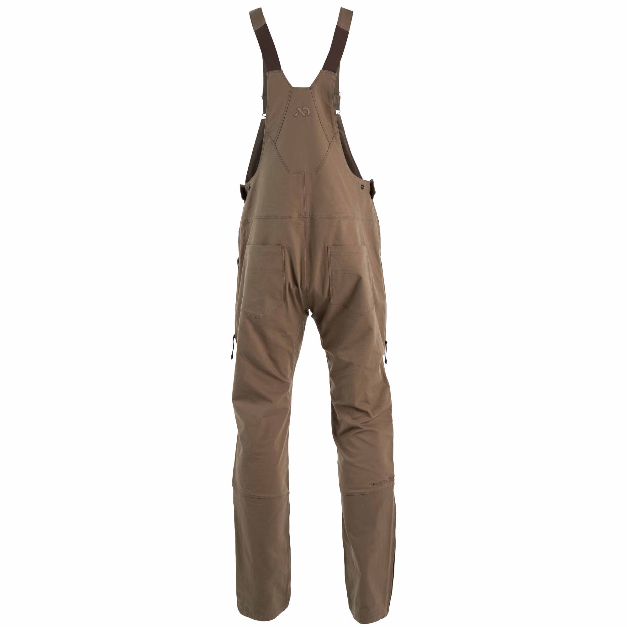 A pair of brown bib overalls with adjustable shoulder straps, shown from the back against a plain white background.