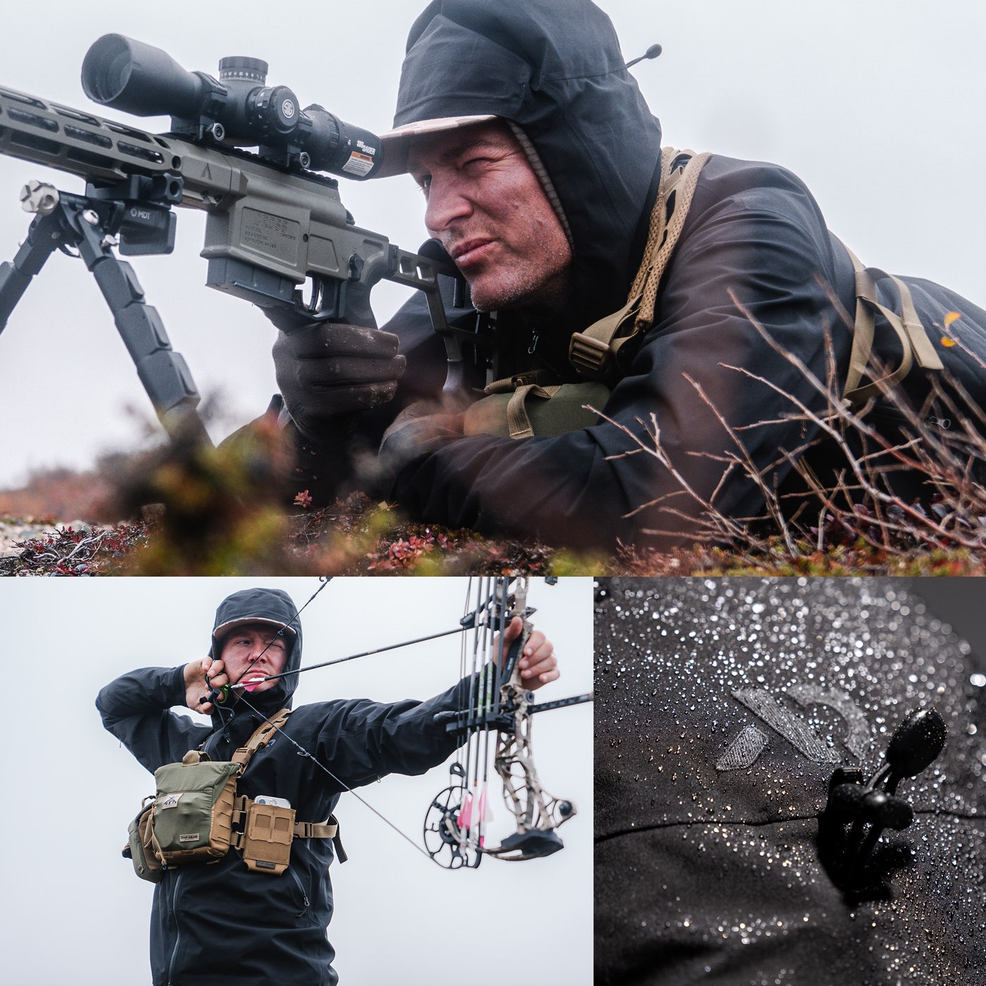A three-panel collage showing a man outdoors in hunting apparel: lying prone with a rifle on a tripod, drawing a compound bow, and a close-up of a black waterproof jacket covered in raindrops. The product appears to be outdoor hunting gear, with the jacket featured.