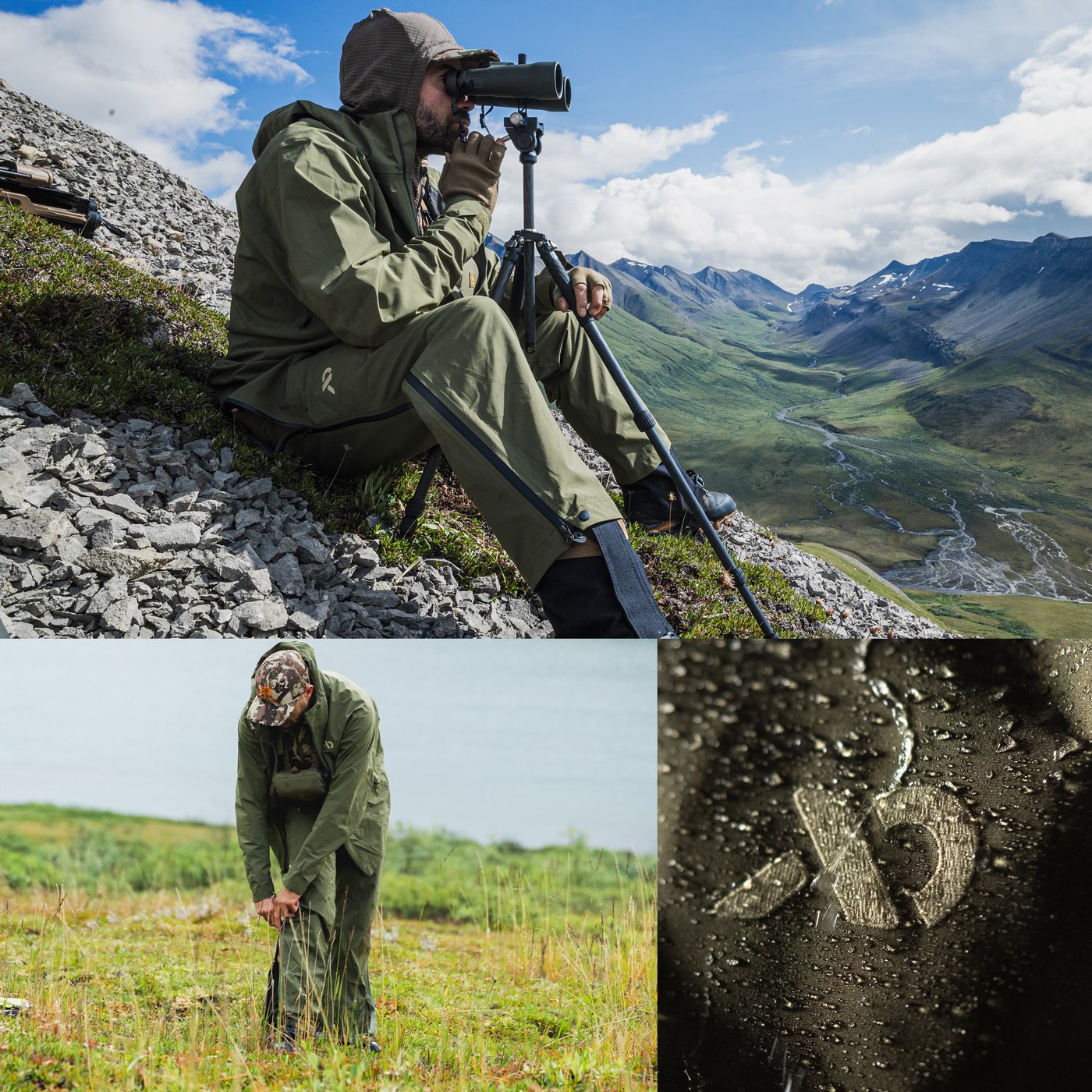 A three-panel collage showing an olive green outdoor hunting pants in use: a seated person on a rocky mountainside using a scope, a full-body view of the same person in a grassy field, and a close-up of water droplets on the pant fabric.