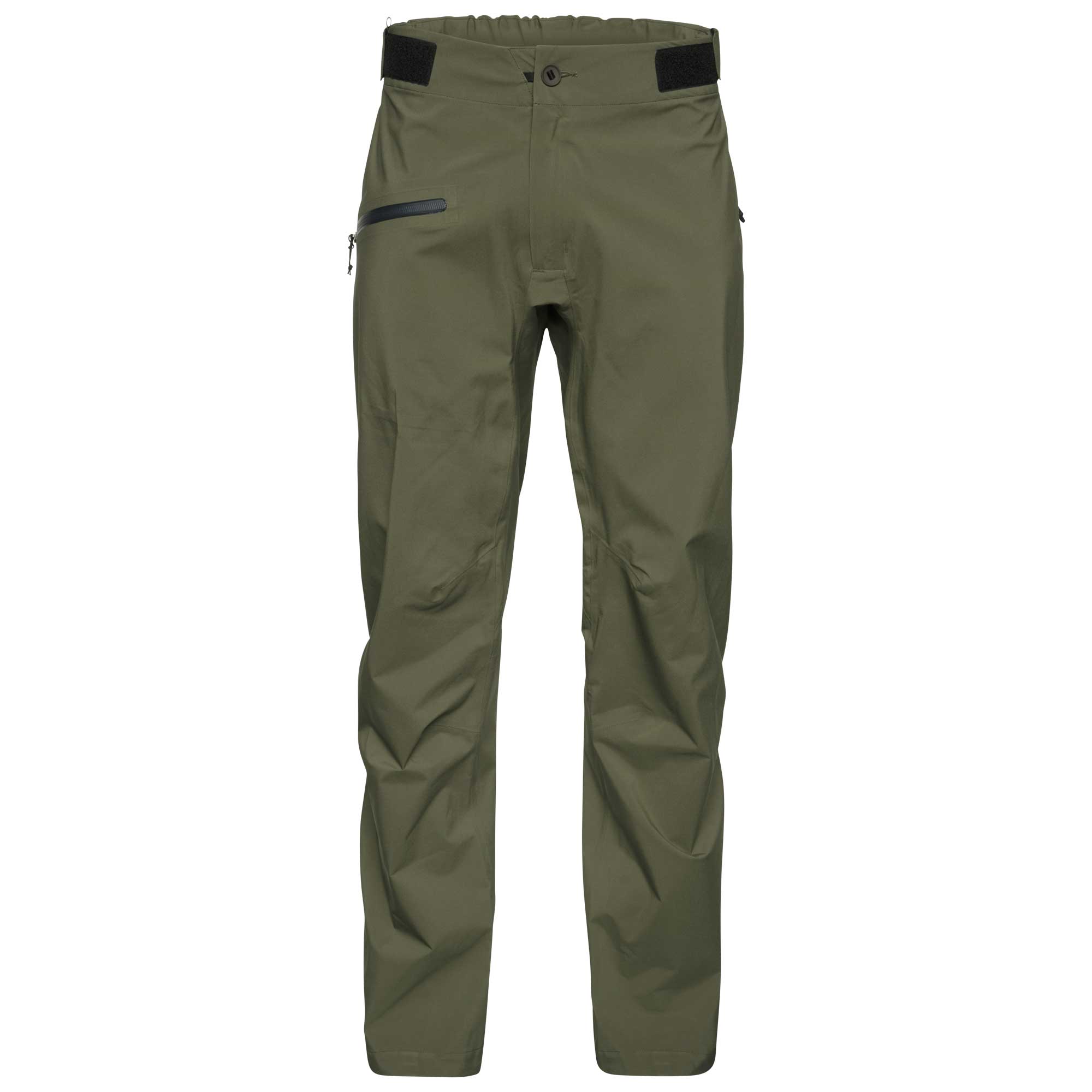 Olive green technical rain pants with black accents on the waistband and a zippered pocket, shown against a plain white background.
