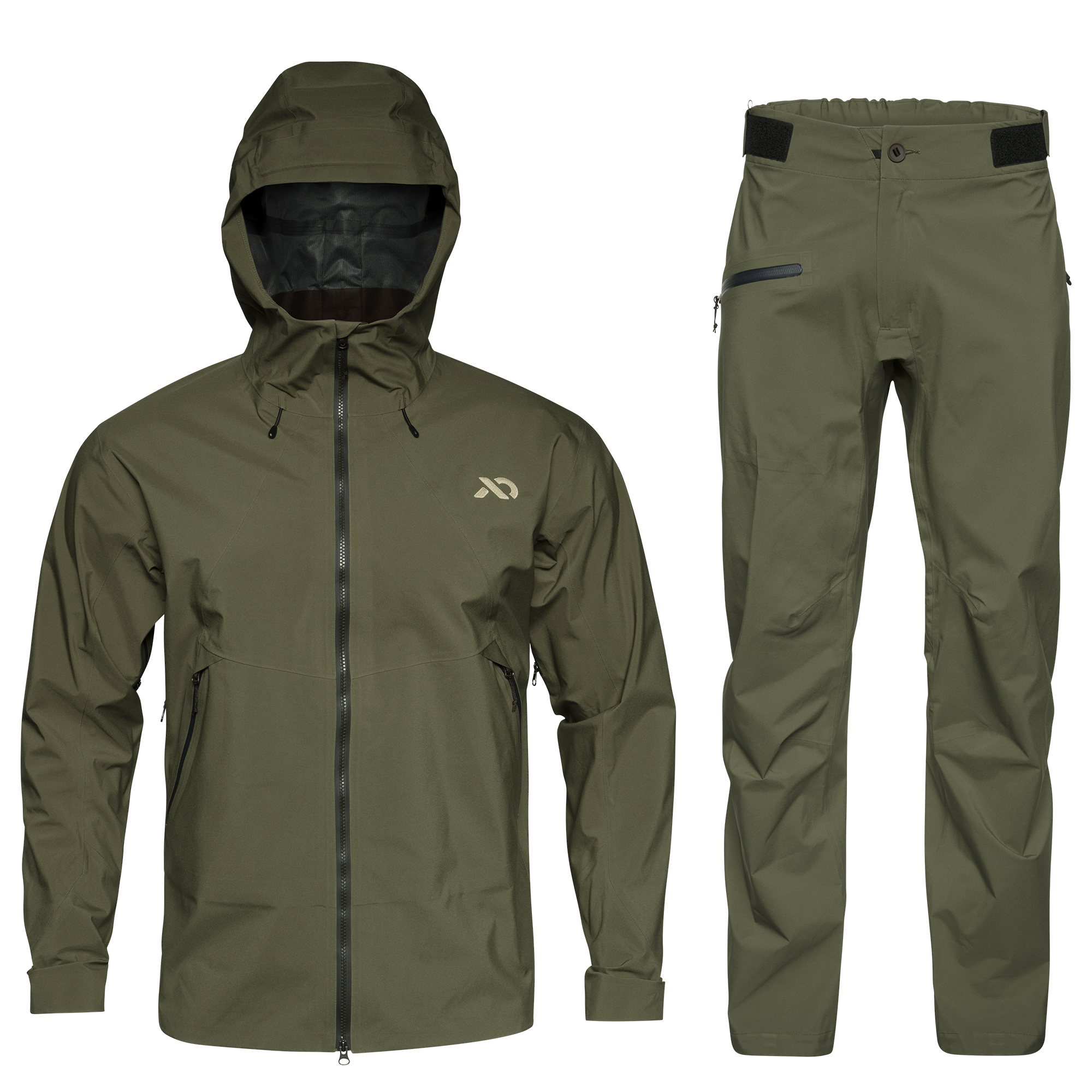 An olive green outdoor apparel set consisting of a hooded zip-front jacket and matching pants, shown on a plain white background.