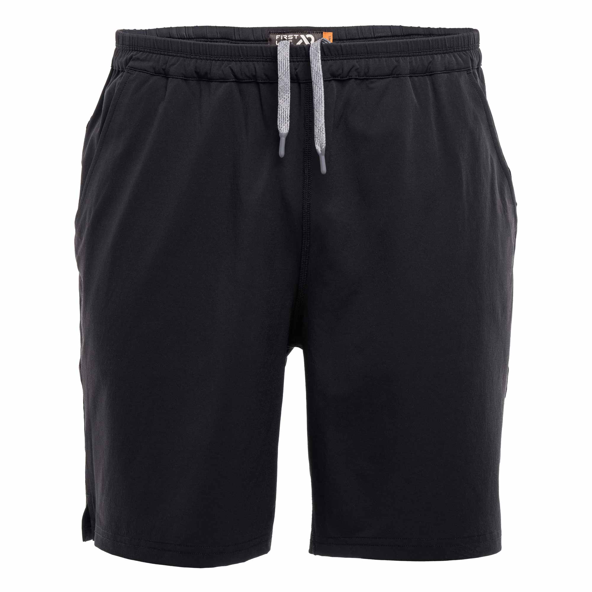 Black shorts with a gray drawstring on a white background