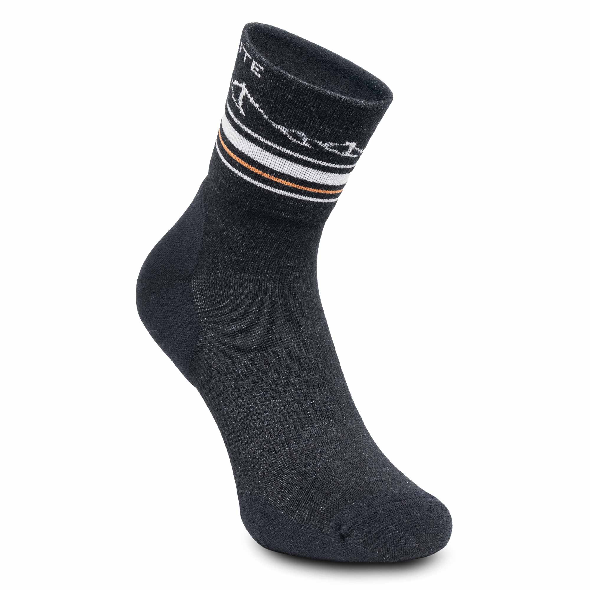 Dark gray sock with white and orange stripes on a white background