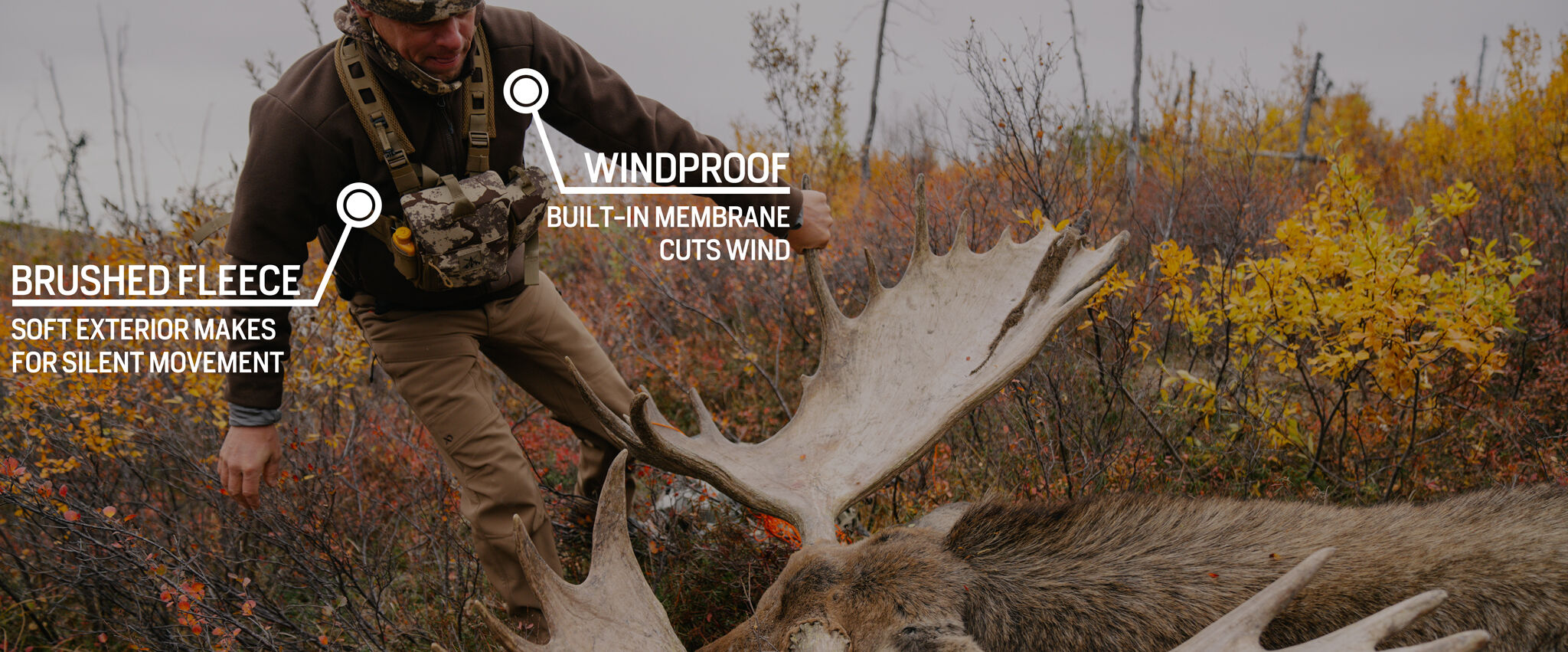 Brown brushed fleece windproof jacket on a hunter.