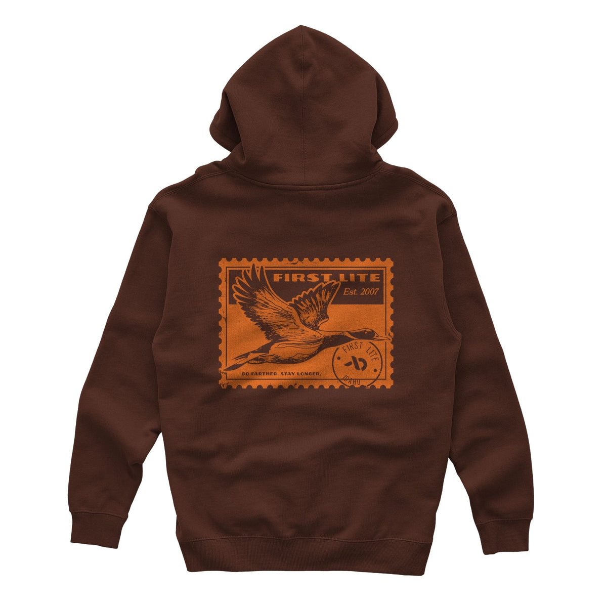 Brown hoodie featuring an orange postage stamp of a wild duck flying , FIRST LITE branding and the text "FIRST LITE EST. 2007 GO FATHER. STAY LONGER.".