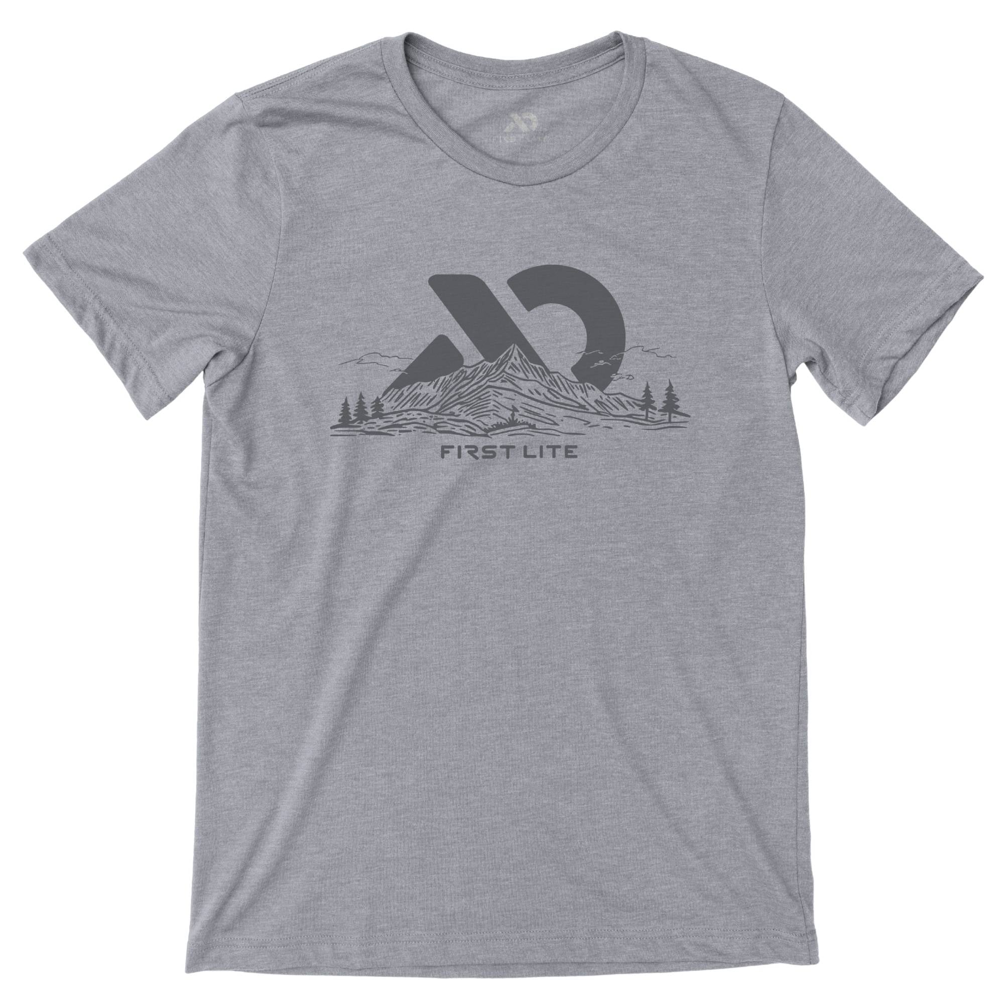 Light gray T-Shirt with dark gray 'FIRST LITE' logo with mountain peak