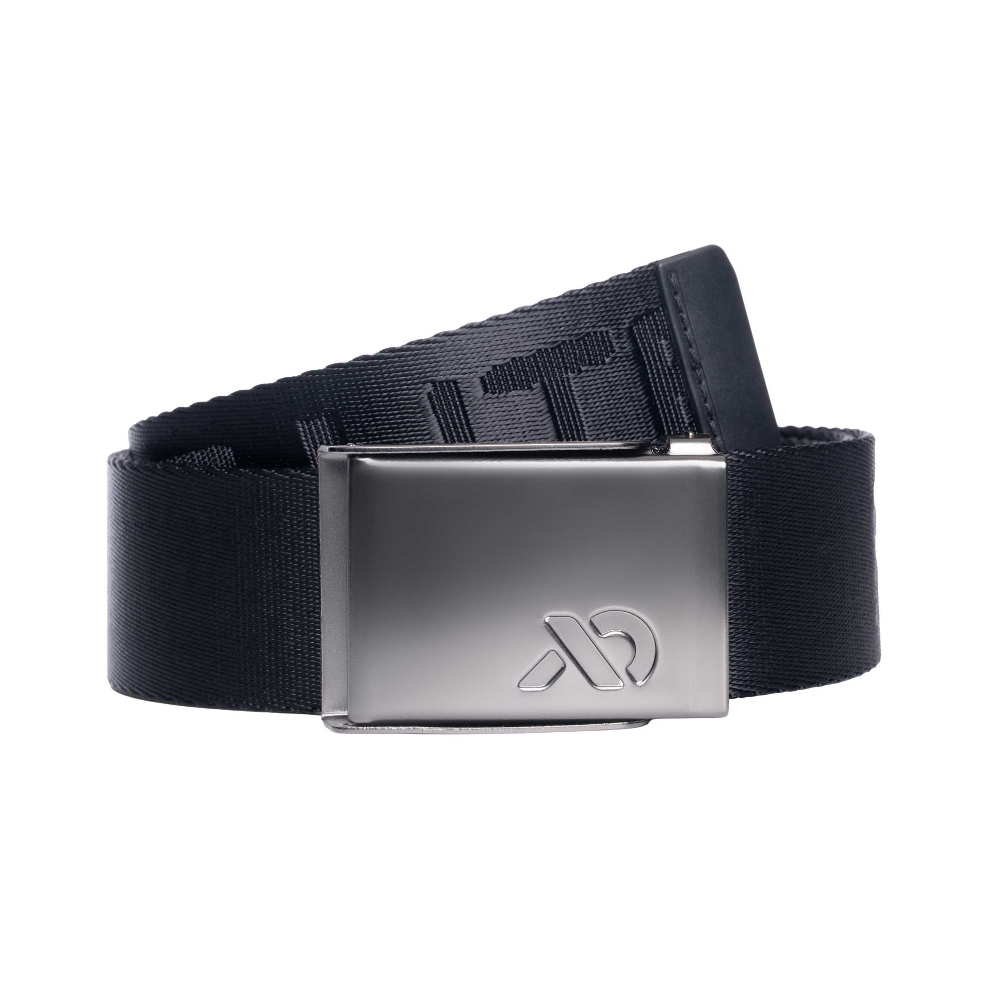 Black nylon belt with silver buckle with the First Lite logo.