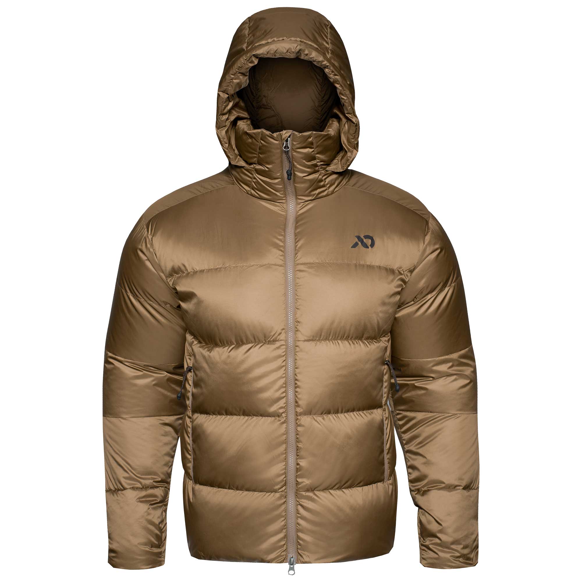 A hooded puffer jacket in a bronze-brown color, featuring horizontal quilting, a full-length front zipper, and a small dark logo on the left chest, displayed on a clean white background.