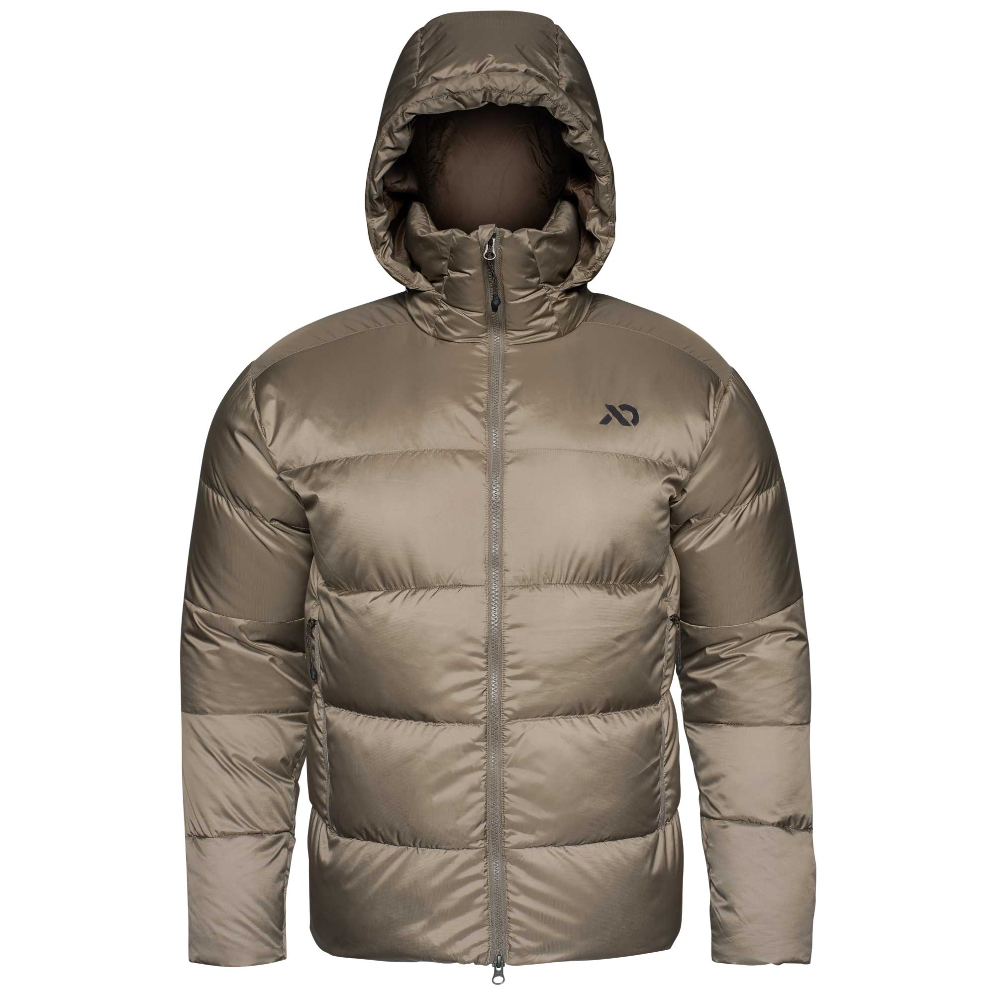 A hooded puffer jacket in a taupe-brown color, featuring horizontal quilting, a full-length front zipper, and a small black logo on the left chest, displayed on a mannequin against a plain white background.