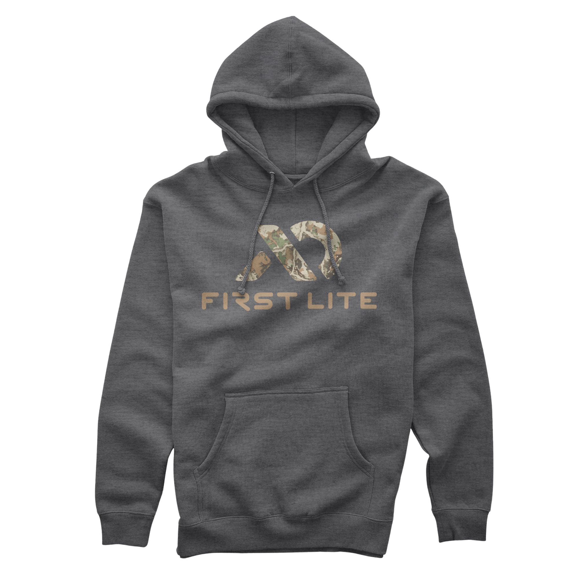 Dark gray hoodie with drawstrings and a kangaroo pocket, featuring a camouflage abstract logo above "FIRST LITE" text on the chest.