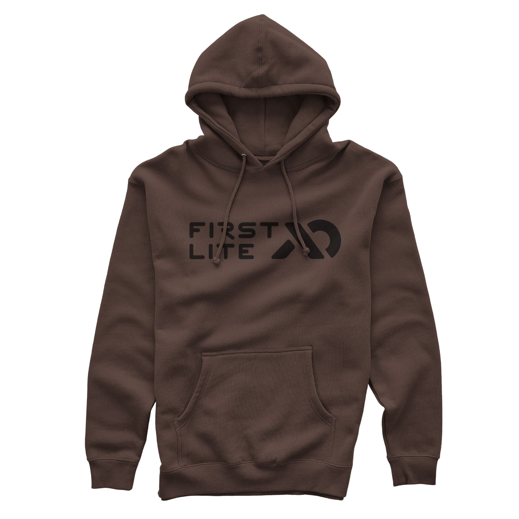 Brown hoodie with black "FIRST LITE" logo, drawstrings, and a front pouch pocket.