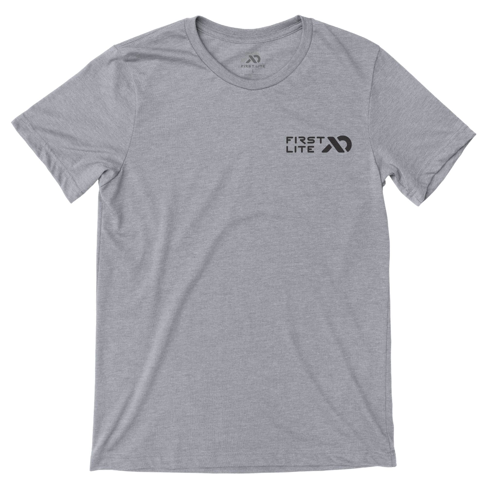 Light gray t-shirt with "FIRST LITE" and a stylized logo on the left chest