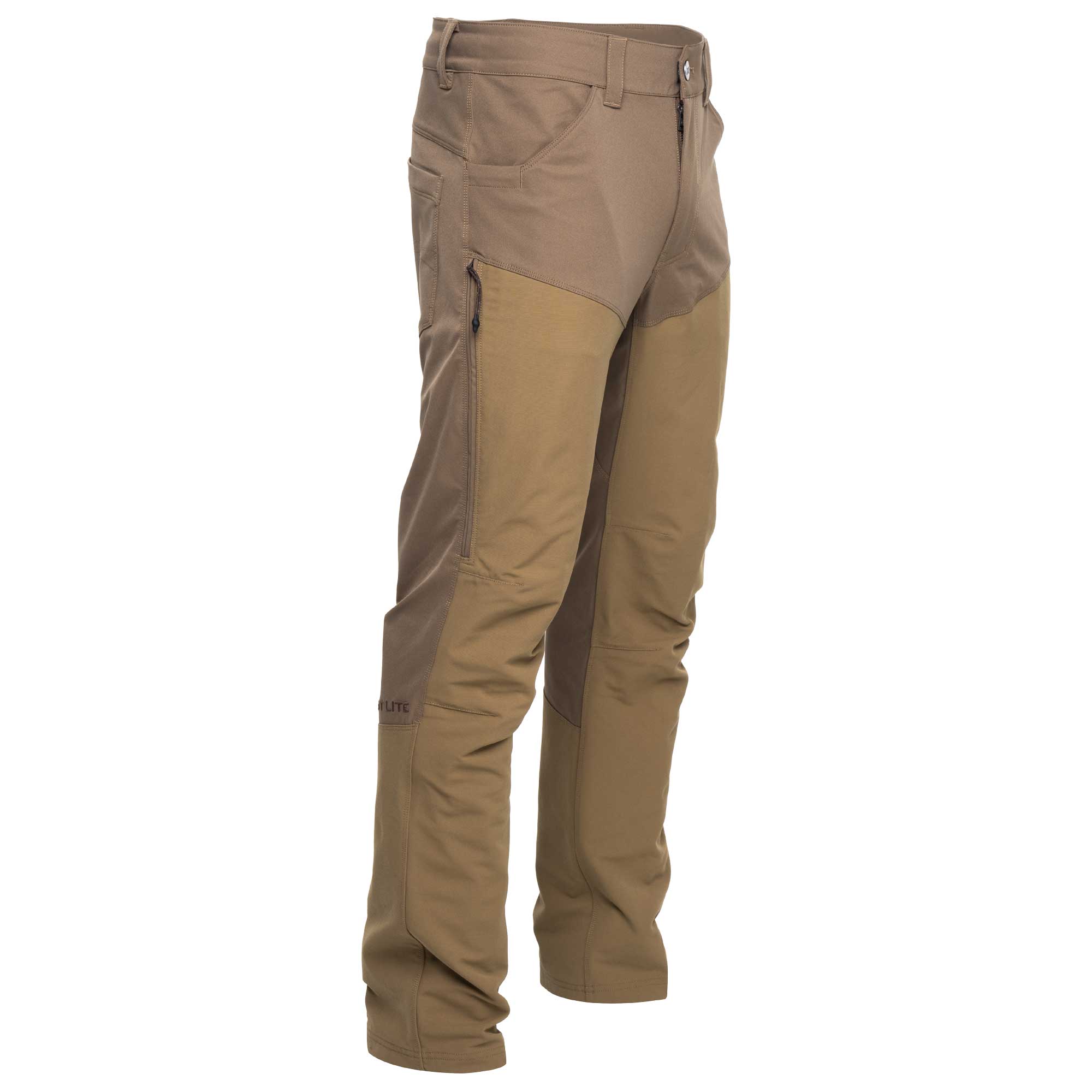 A pair of hunting pants in a two-tone colorway of tan and coyote brown, shown from a three-quarters angle on a plain white background.