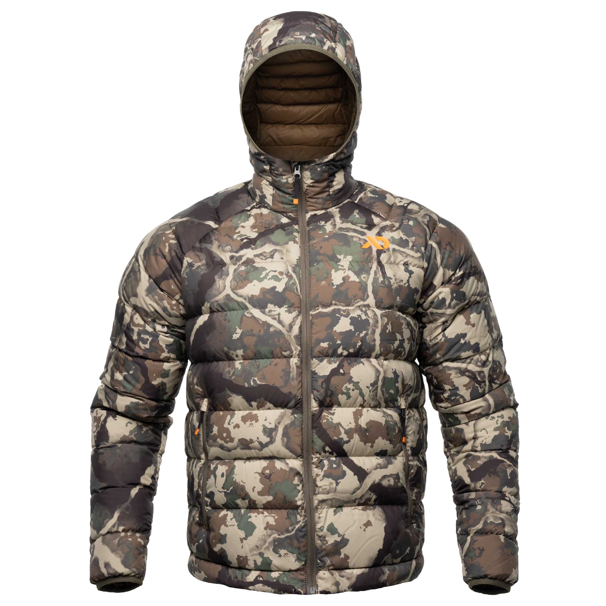 A hooded puffer jacket with a woodland camouflage pattern in shades of brown, green, beige, and gray, featuring a full-zip front and a small orange embroidered logo on the left chest.