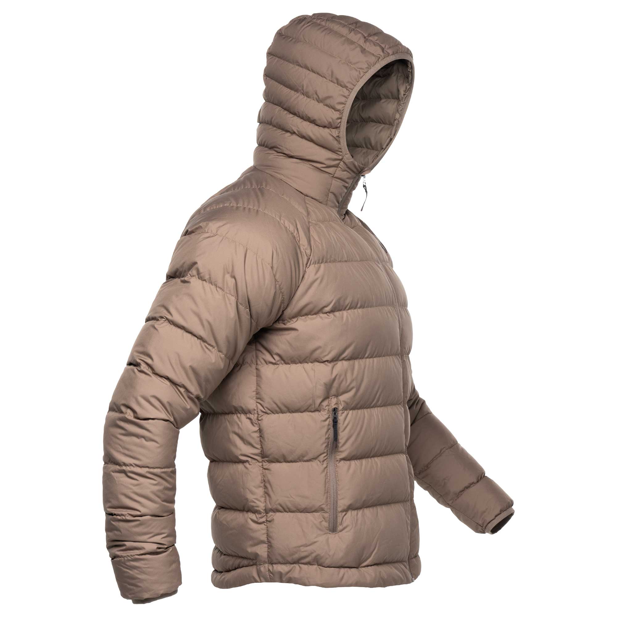 A hooded puffer jacket in a warm taupe-brown color, shown from a side profile view against a plain white background.