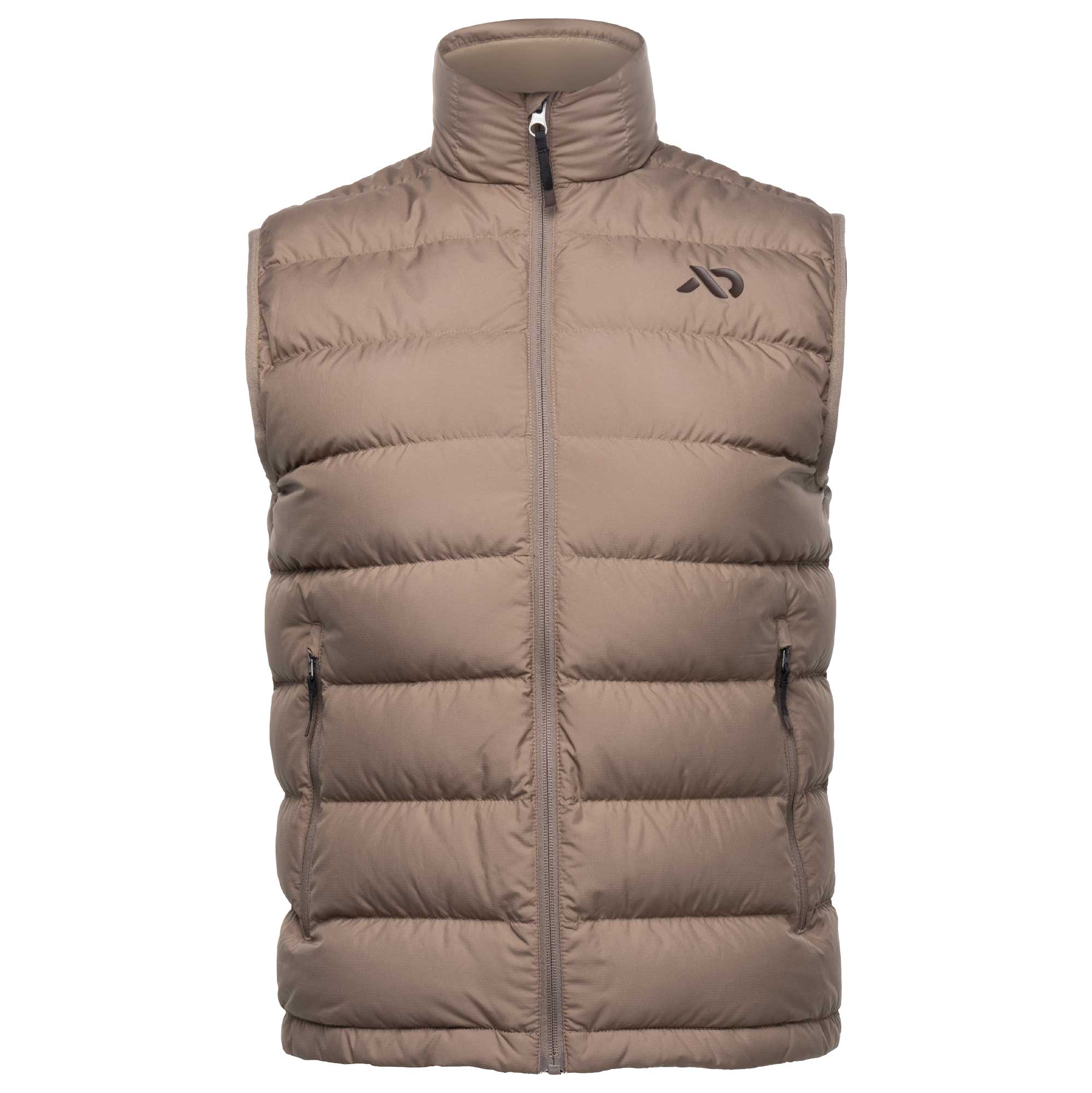 A sleeveless, quilted puffer vest in a taupe-brown color, featuring a high collar, front zipper closure, zippered hand pockets, and a small black logo on the left chest.
