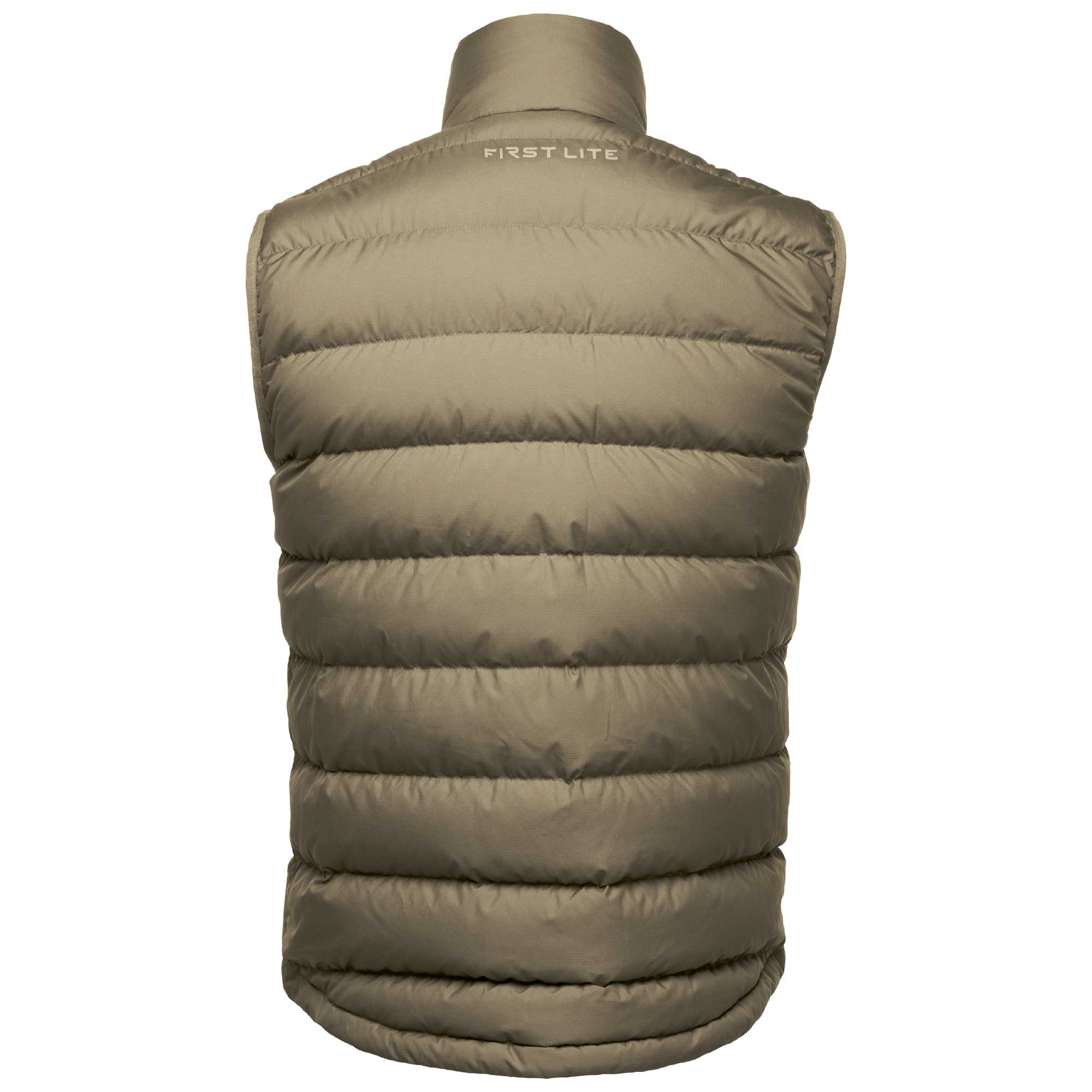 A sleeveless quilted puffer vest shown from the back, featuring horizontal stitching and a high collar. The brand name 'FIRST LITE' is printed in white near the top center.