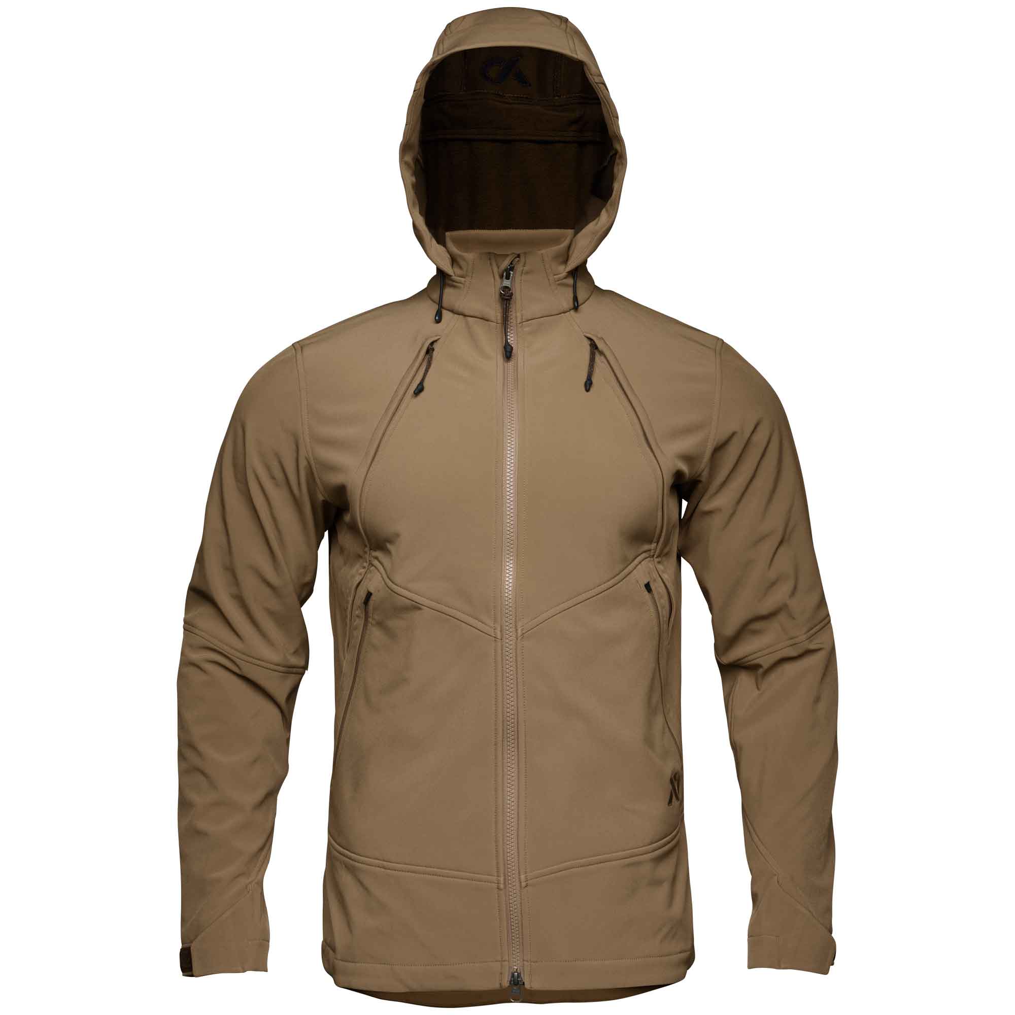 Tan hooded softshell jacket with full zip, zippered chest and hand pockets, articulated sleeves, and adjustable cuffs.