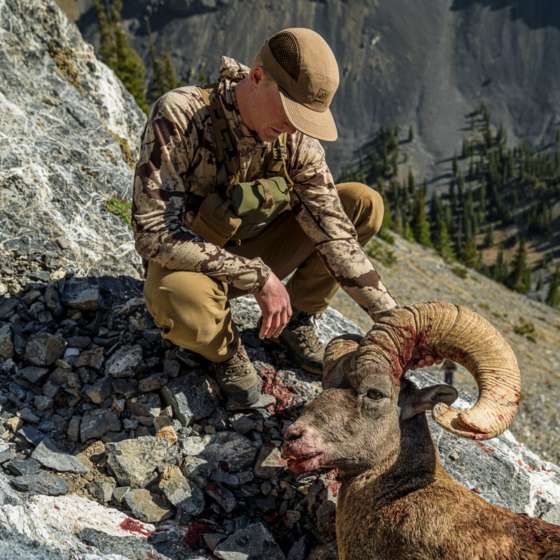 A man in full camouflage outdoor gear crouches on a rocky mountainside next to a large ram with curved horns, with forested mountains in the background.