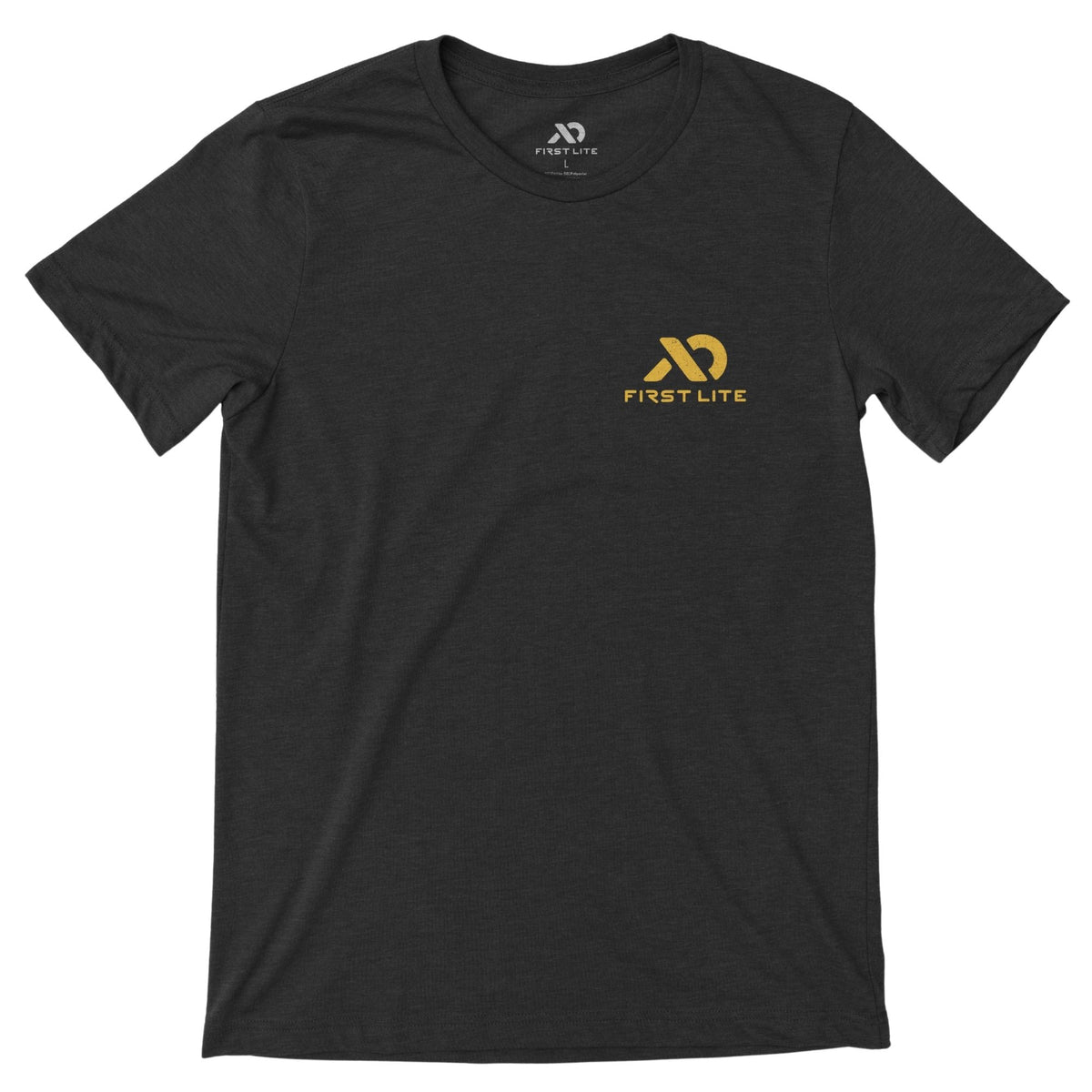 Charcoal heather T-shirt featuring yellow FIRST LITE branding on the left chest.