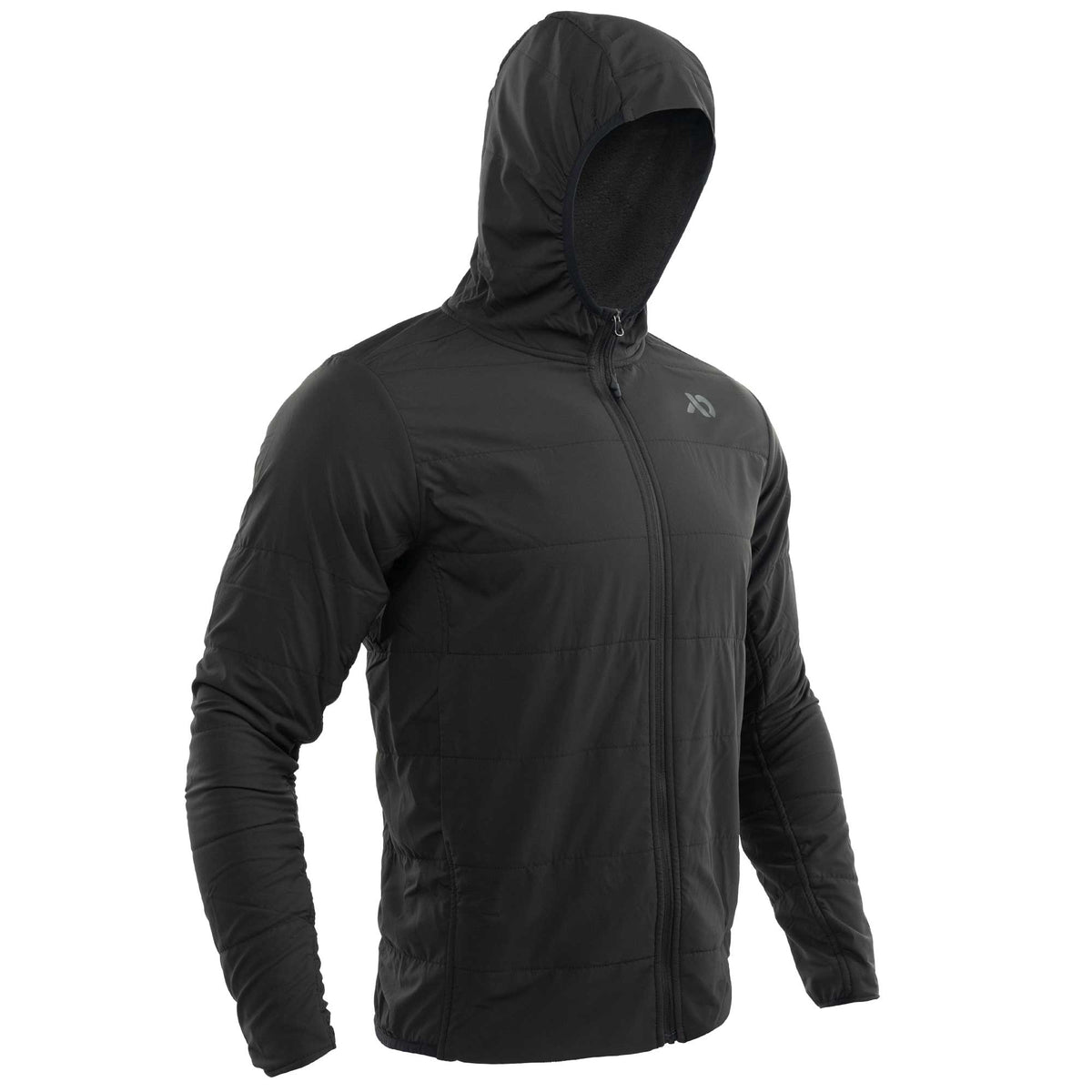 A black hooded zip-up jacket with a subtle horizontal quilted pattern on the front, shown on a white background.
