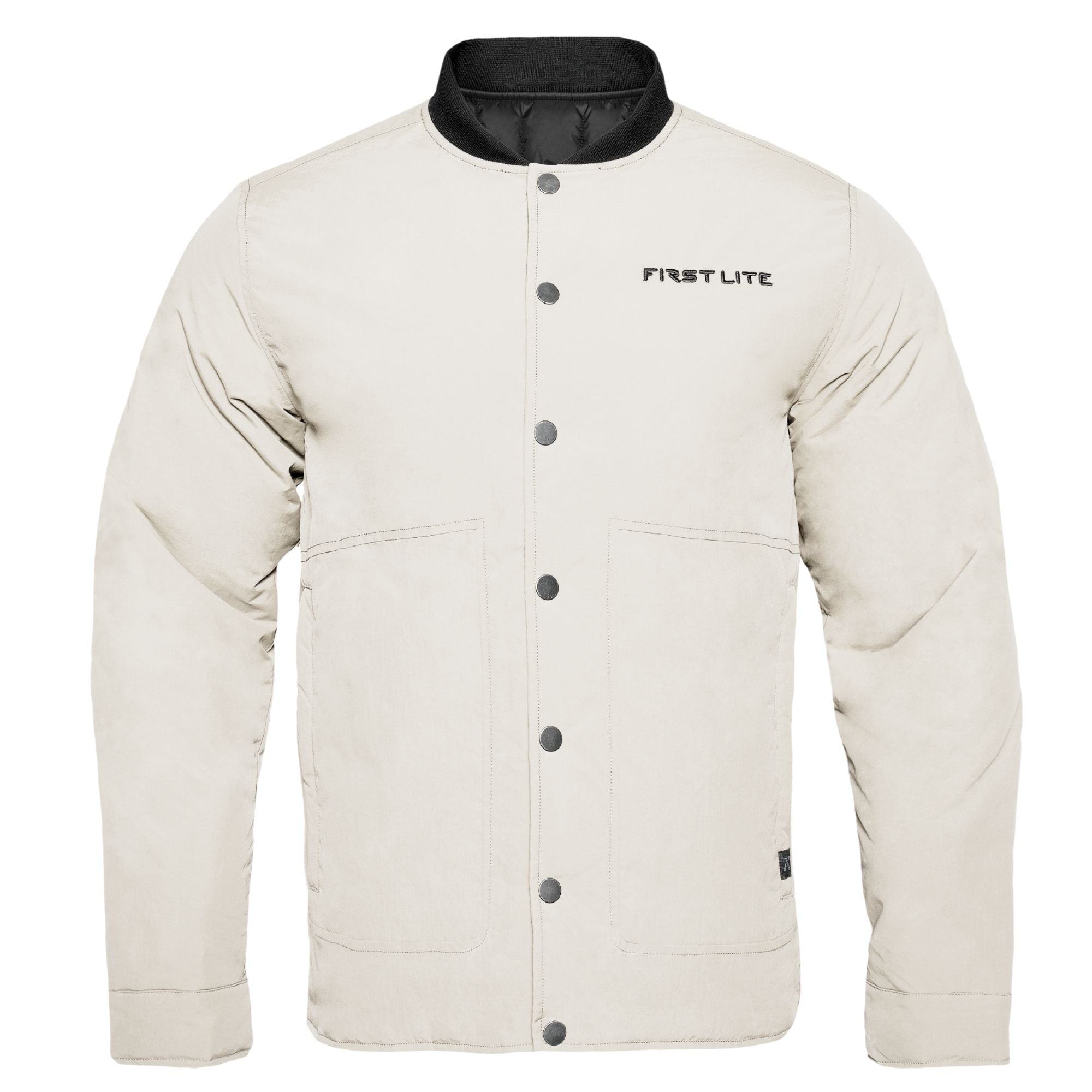 Light sand chore coat with black rib-knit collar featuring FIRST LITE in black in the left chest