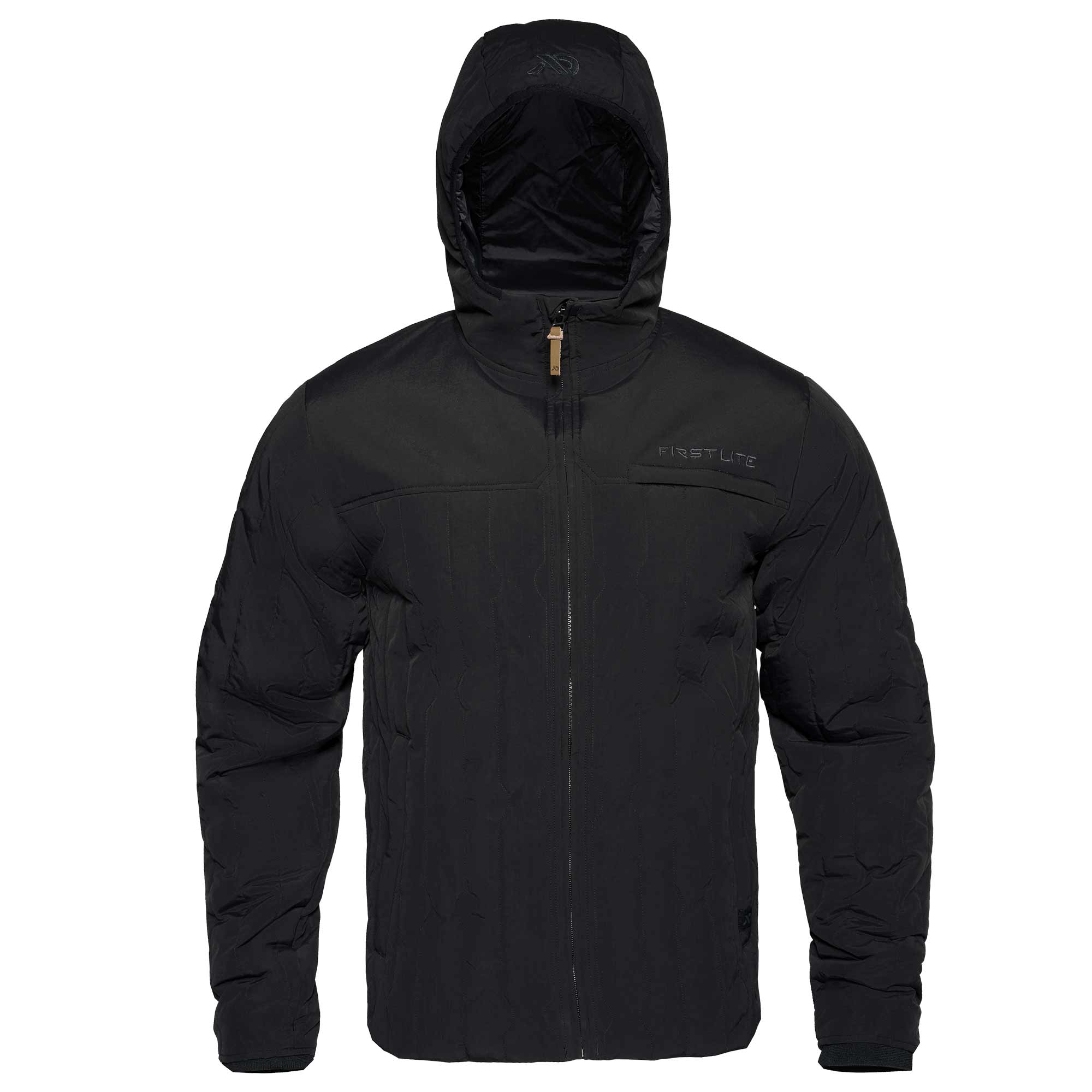 Hooded black outpost jacket with FIRST LITE branding in the left chest and black FIRST LITE logo on the jacket hood.
