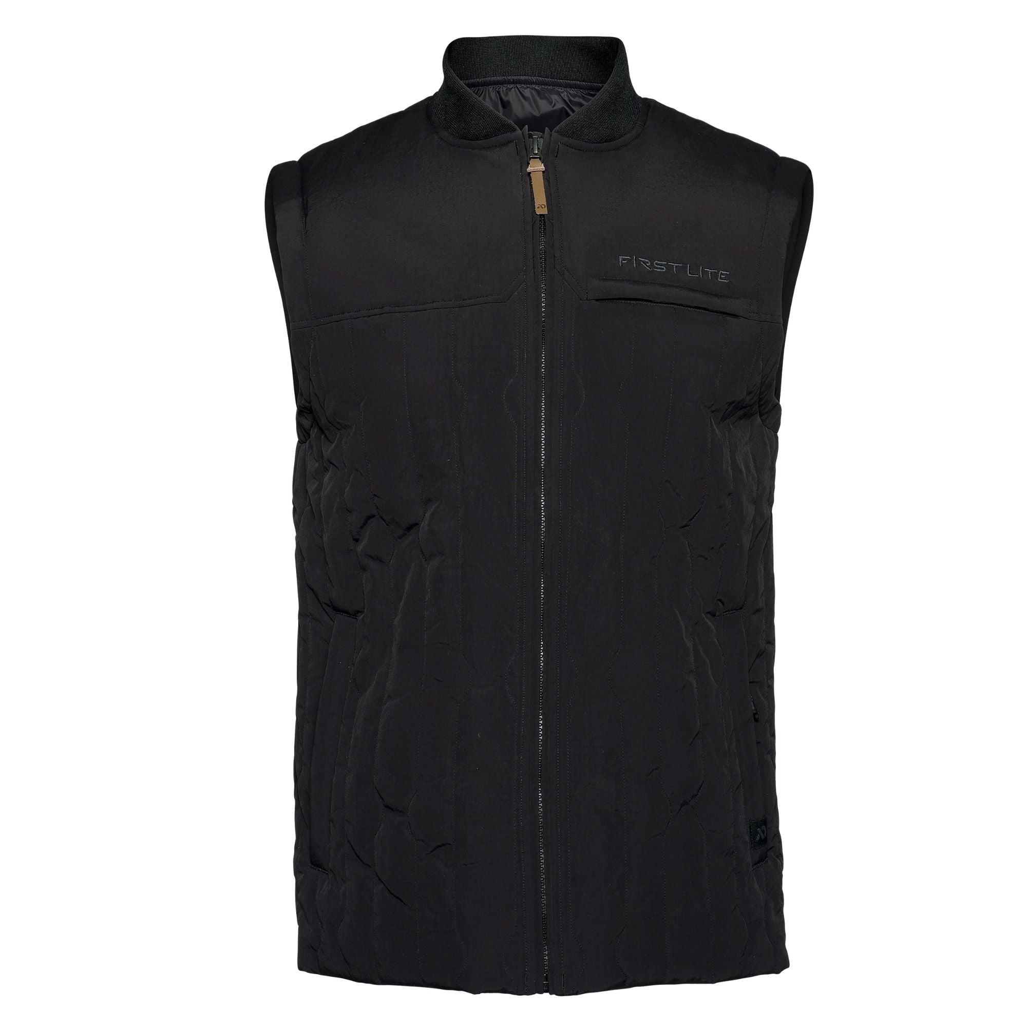 Black outpost vest with a high collar and FIRST LITE branding in the left chest.
