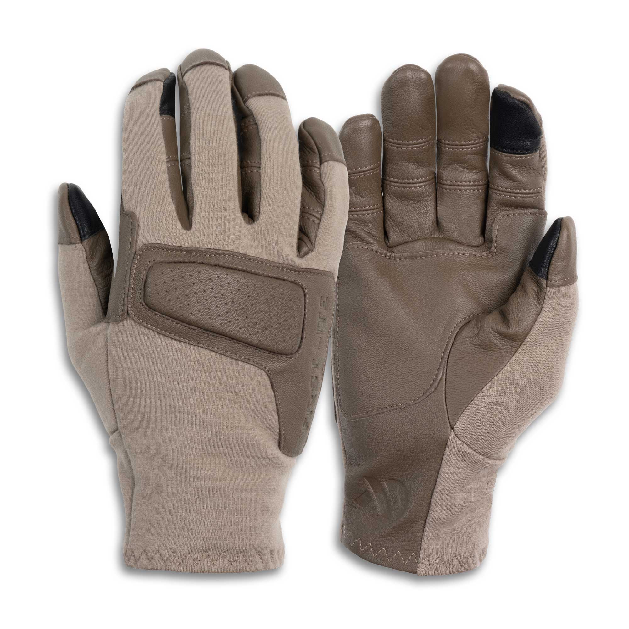 A pair of tactical gloves shown from both the back and palm sides against a plain white background. The gloves feature a light tan knit fabric body with darker brown leather panels on the back of the hand and fingertips, and black protective accents on the fingertips.