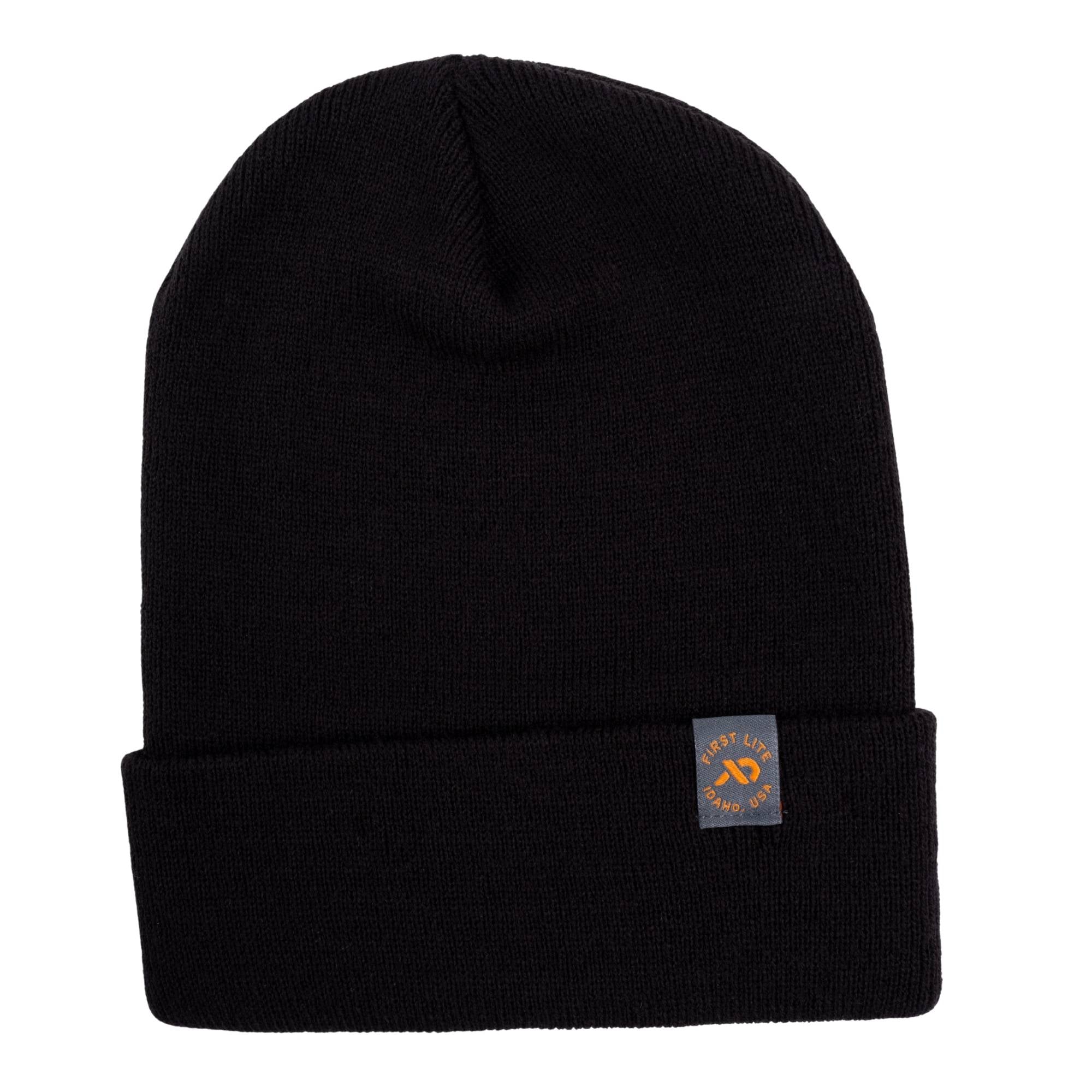 Black ribbed knit beanie with a folded cuff and a grey square patch featuring an orange FIRST LITE logo.