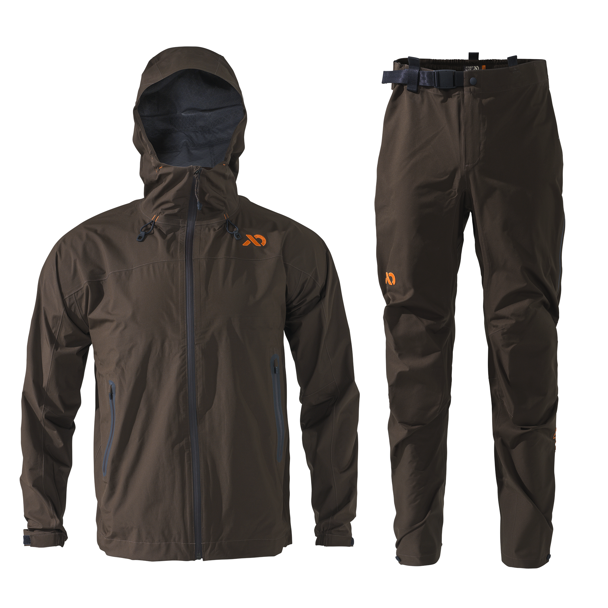 A dark brown outdoor jacket and matching pants set with orange logo accents, displayed on a clean white background.