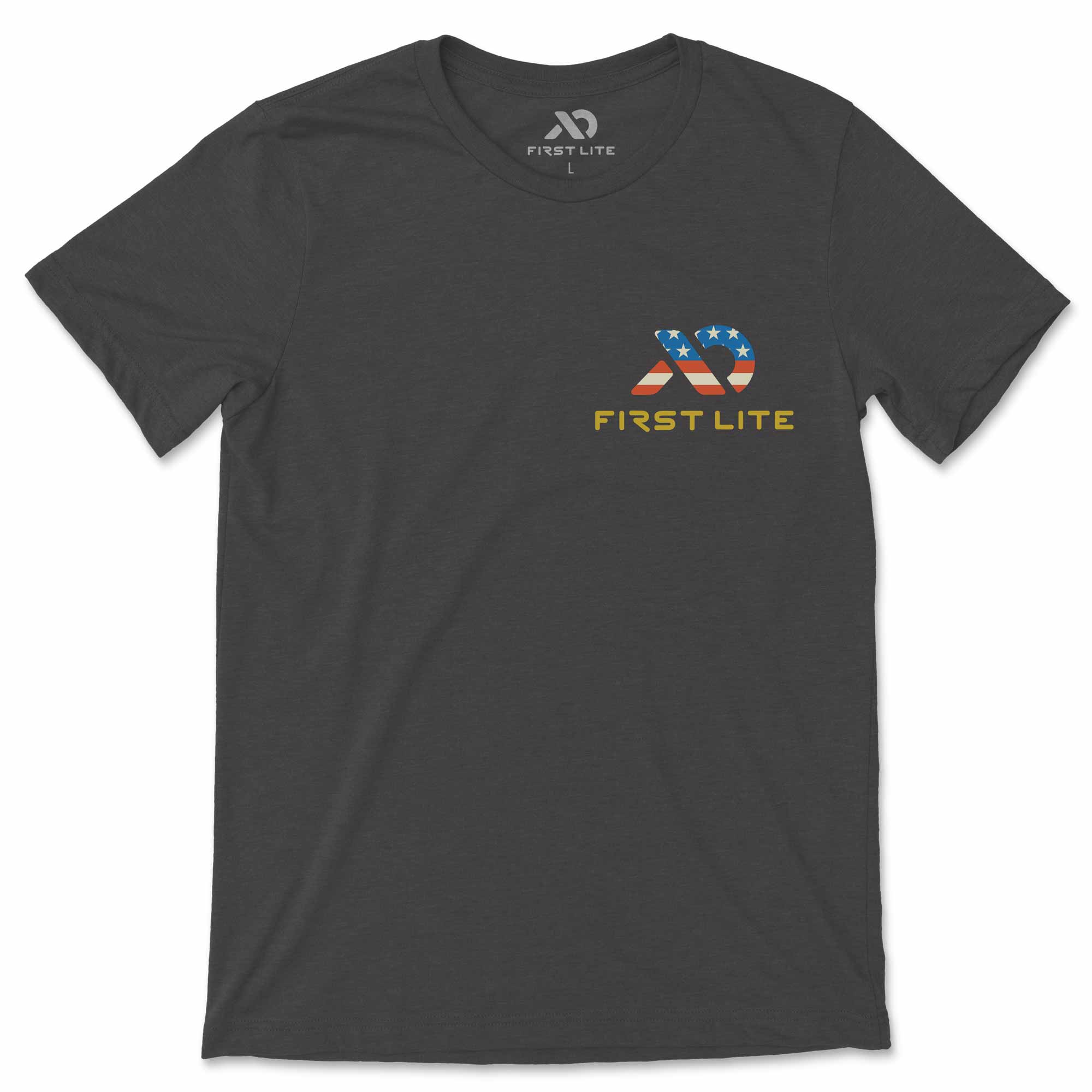 Black t-shirt with First Lite logo and American flag design on a white background