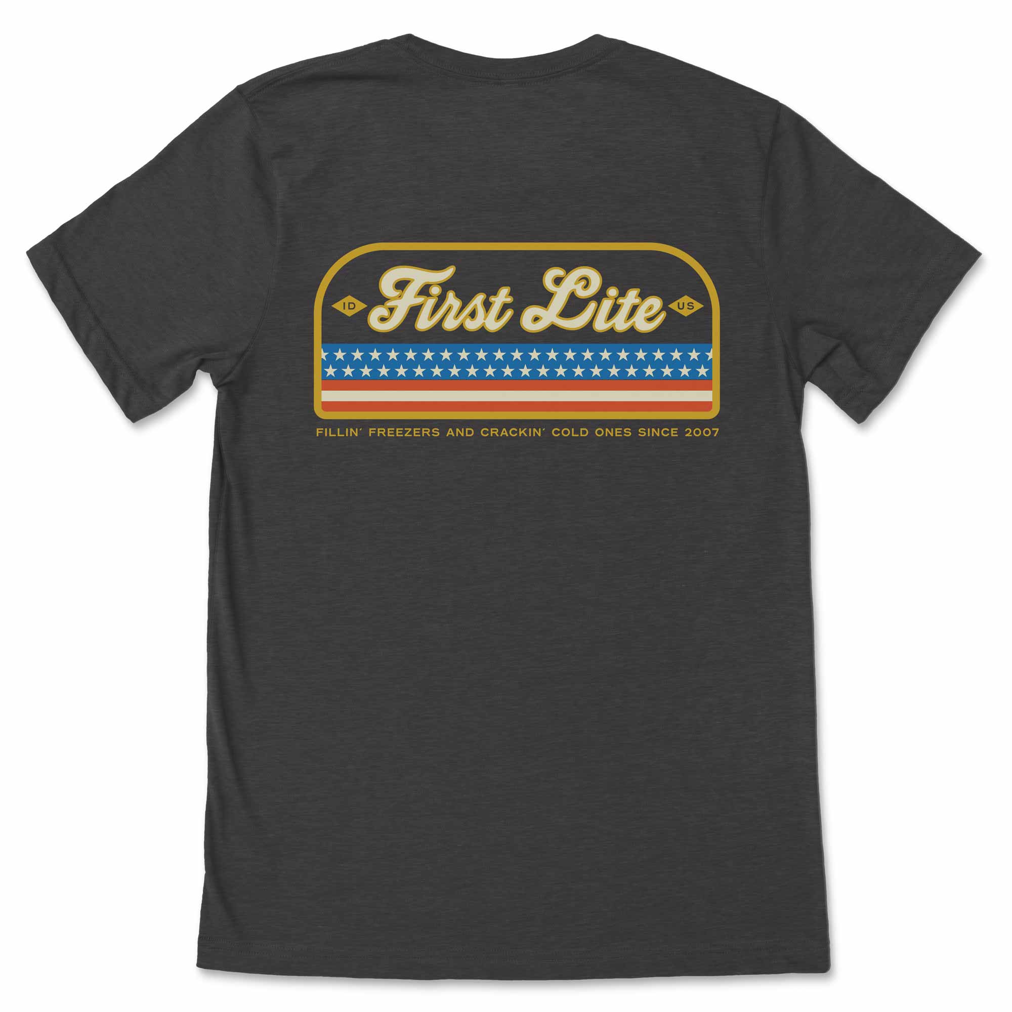 Black t-shirt with 'First Lite' logo on the back against a white background