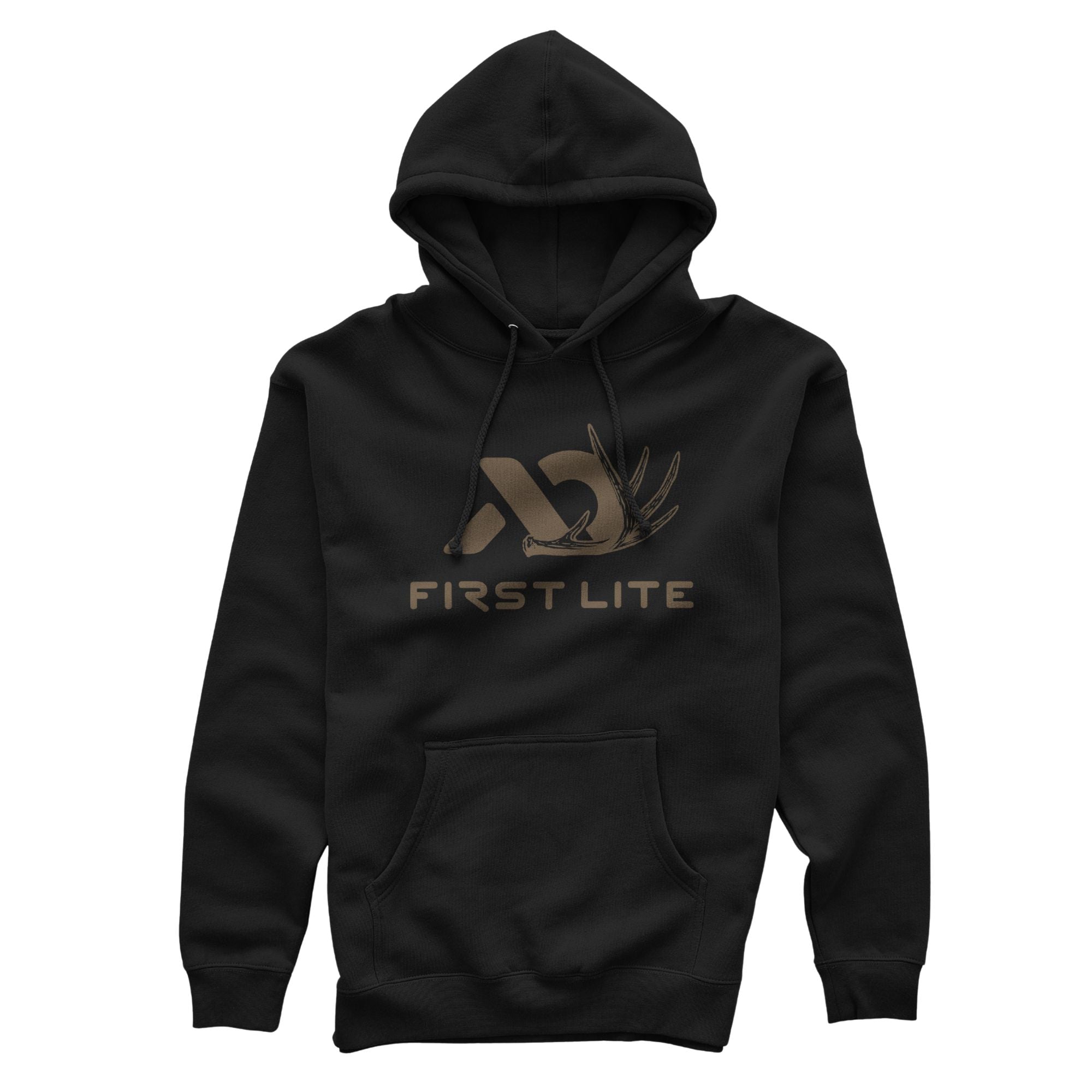 Black hoodie featuring a brown First Lite logo with text and an antler graphic, a hood with drawstrings, and a front kangaroo pocket.