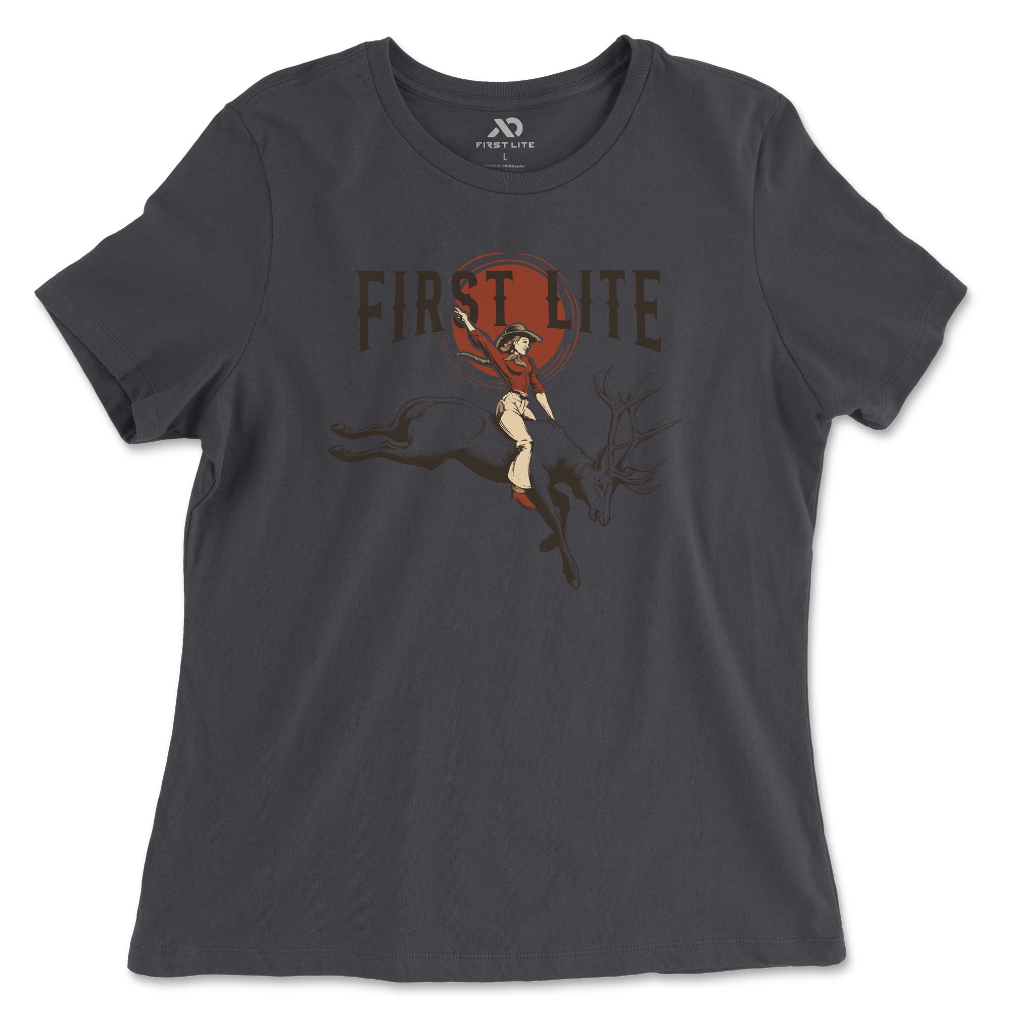 Charcoal grey women's t-shirt with a graphic of "FIRST LITE" text and a cowgirl riding a jumping elk against a red circle.