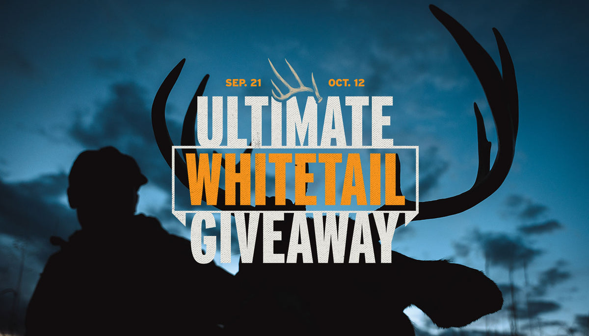 Ultimate Whitetail Giveaway logo overlayed on image of a hunter and whitetail deer antlers on a blue evening sky.