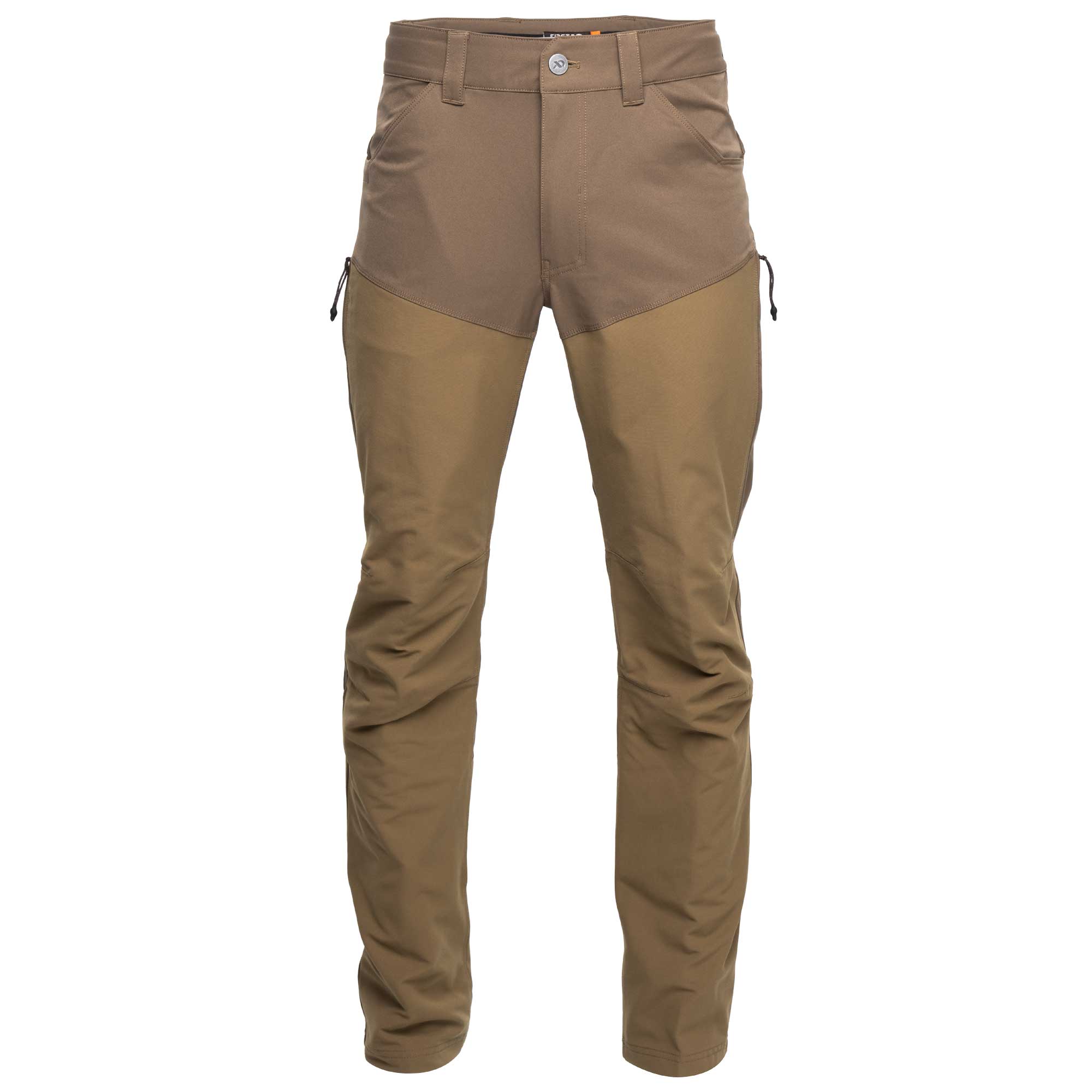 A pair of color-blocked technical pants in khaki and tan, shown flat against a solid white background.