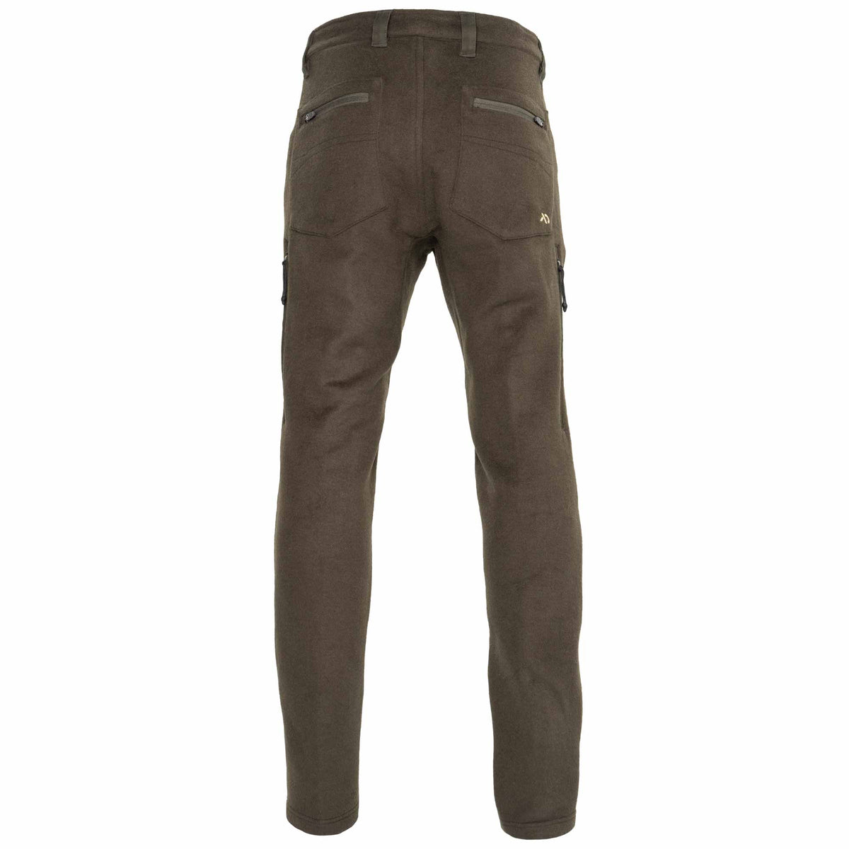 Olive green wool hunting pants with a back view on a white studio background