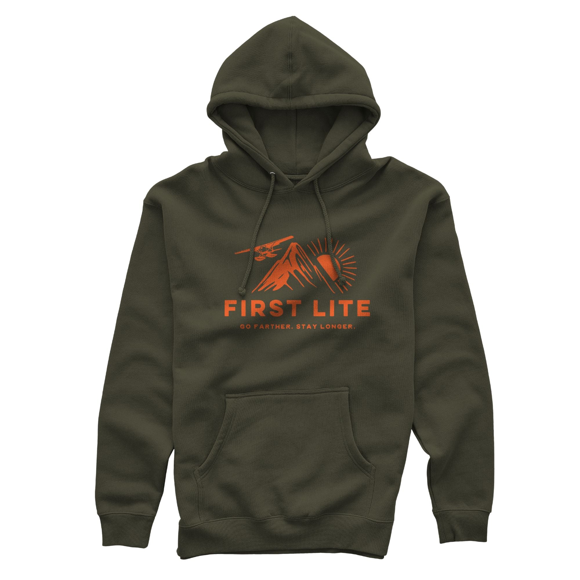 Green army hoodie featuring an orange "FIRST LITE" graphic with mountains, a sun, and an airplane, plus a front kangaroo pocket.