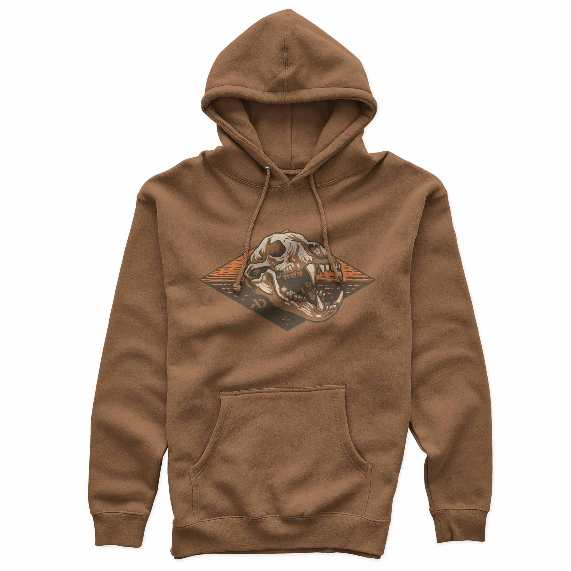 Brown hoodie with a bear skull design on the chest against a white background