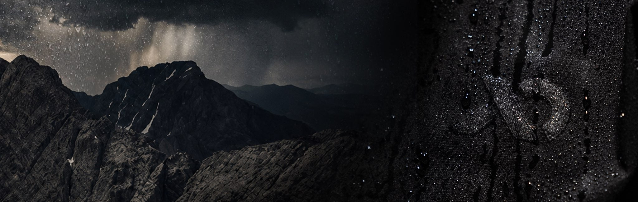 Dark dramatic mountain landscape under storm clouds with rain shafts, shown alongside a close-up of a dark textured surface with water droplets.