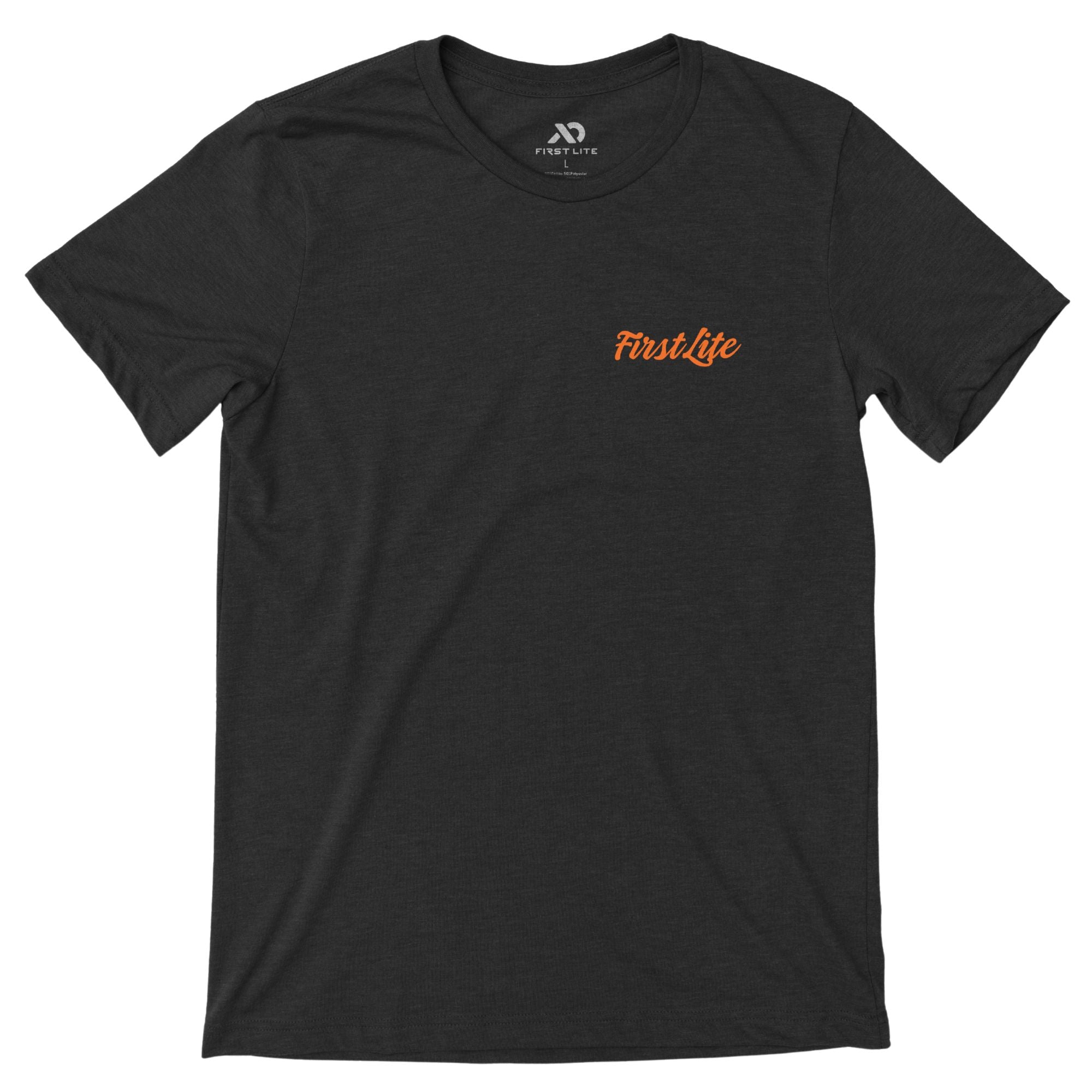Dark heather gray T-Shirt with orange 'FIRST LITE' on the left chest