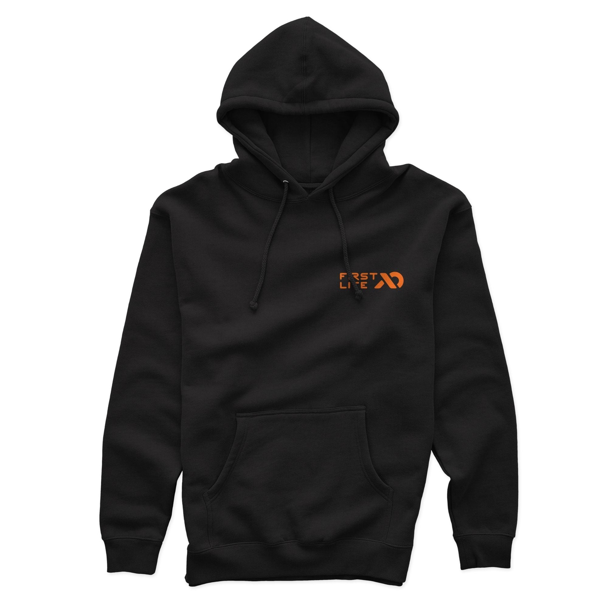 Black hoody with orange "FIRST LITE" text and logo on the left chest, a hood with drawstrings, and a kangaroo pocket.