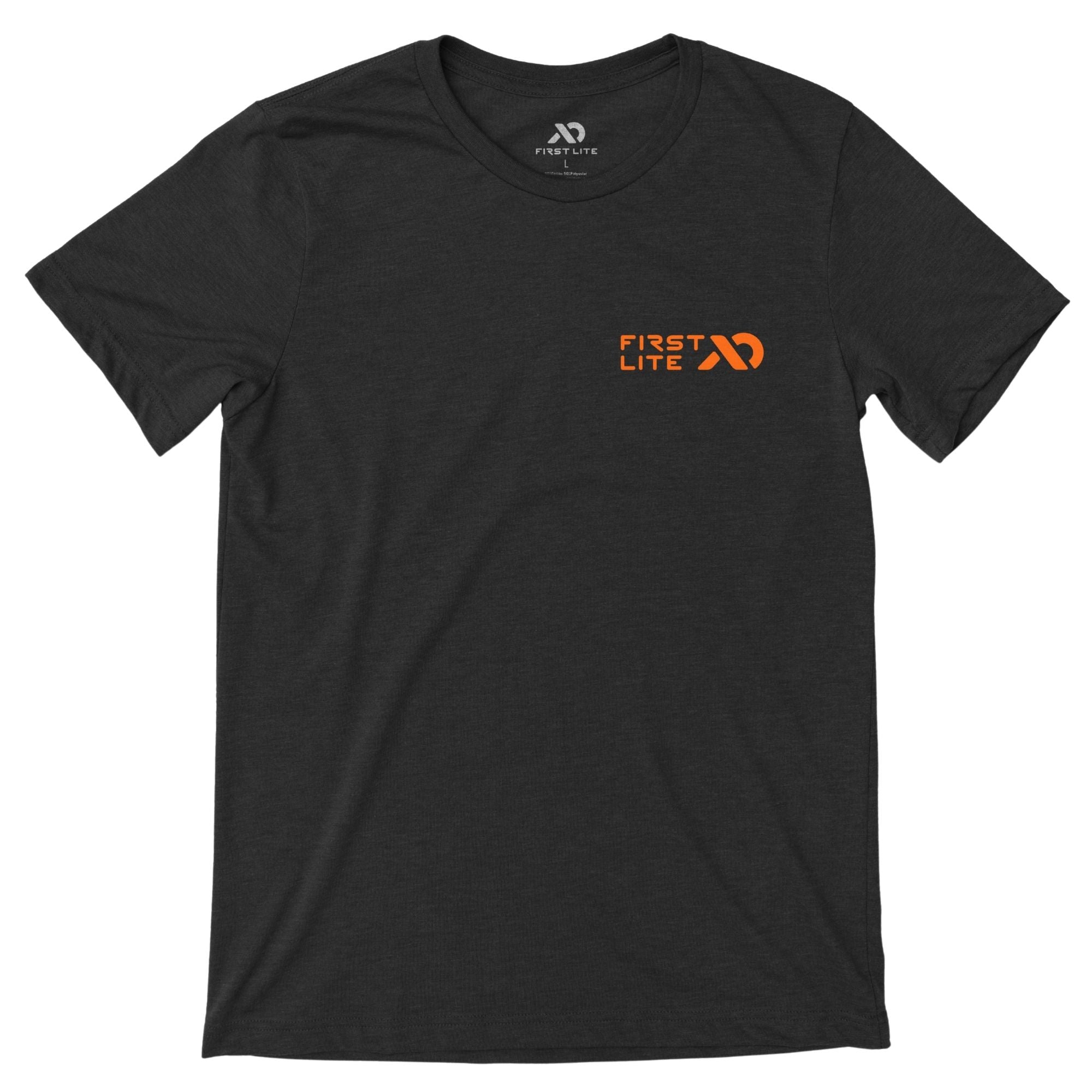 Dark gray heather T-shirt with orange "FIRST LITE" text and logo on the left chest