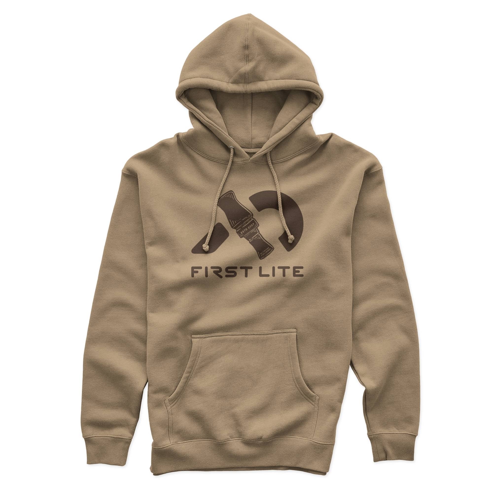 Sand brown hoodie featuring drawstrings, a kangaroo pocket, and a dark brown graphic of a duck call with "FIRST LITE" text.