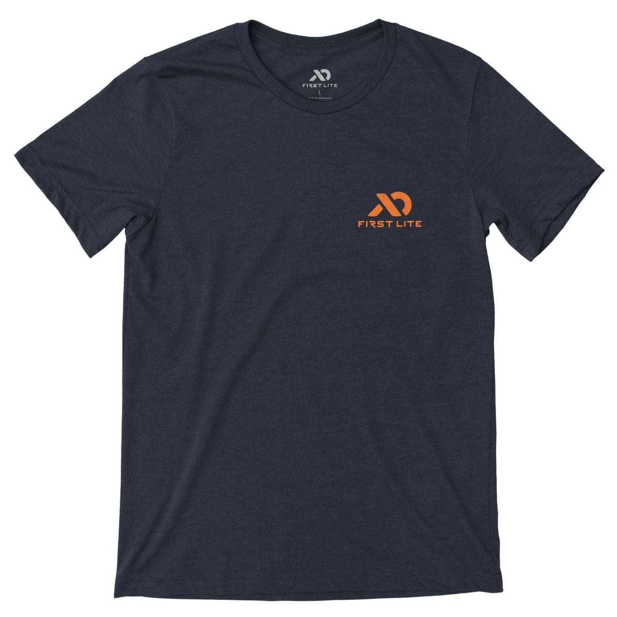 Navy heather T-shirt featuring orange FIRST LITE branding on the left chest.