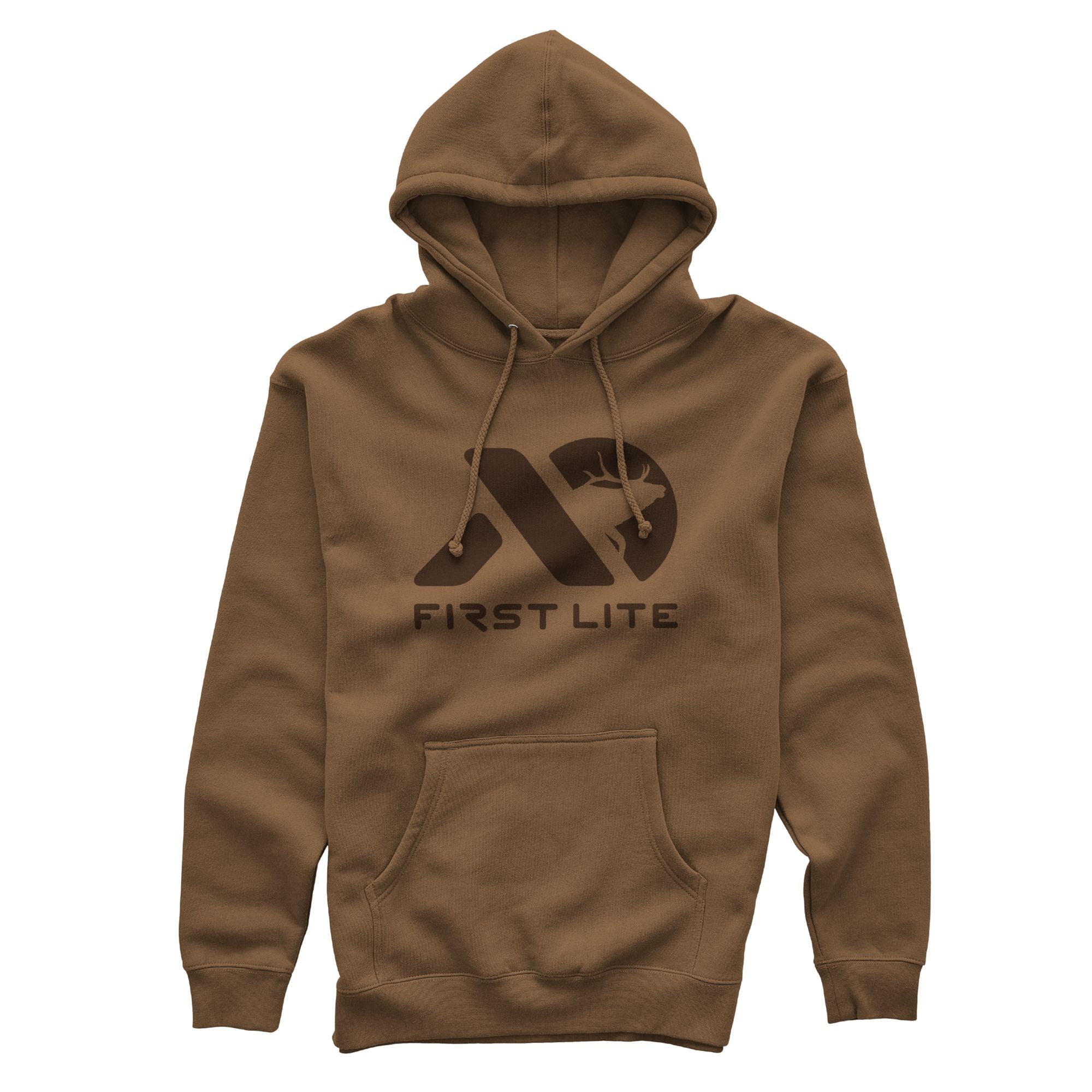 Brown hoodie with a dark brown First Lite logo featuring a deer head silhouette, drawstring hood, and kangaroo pocket.