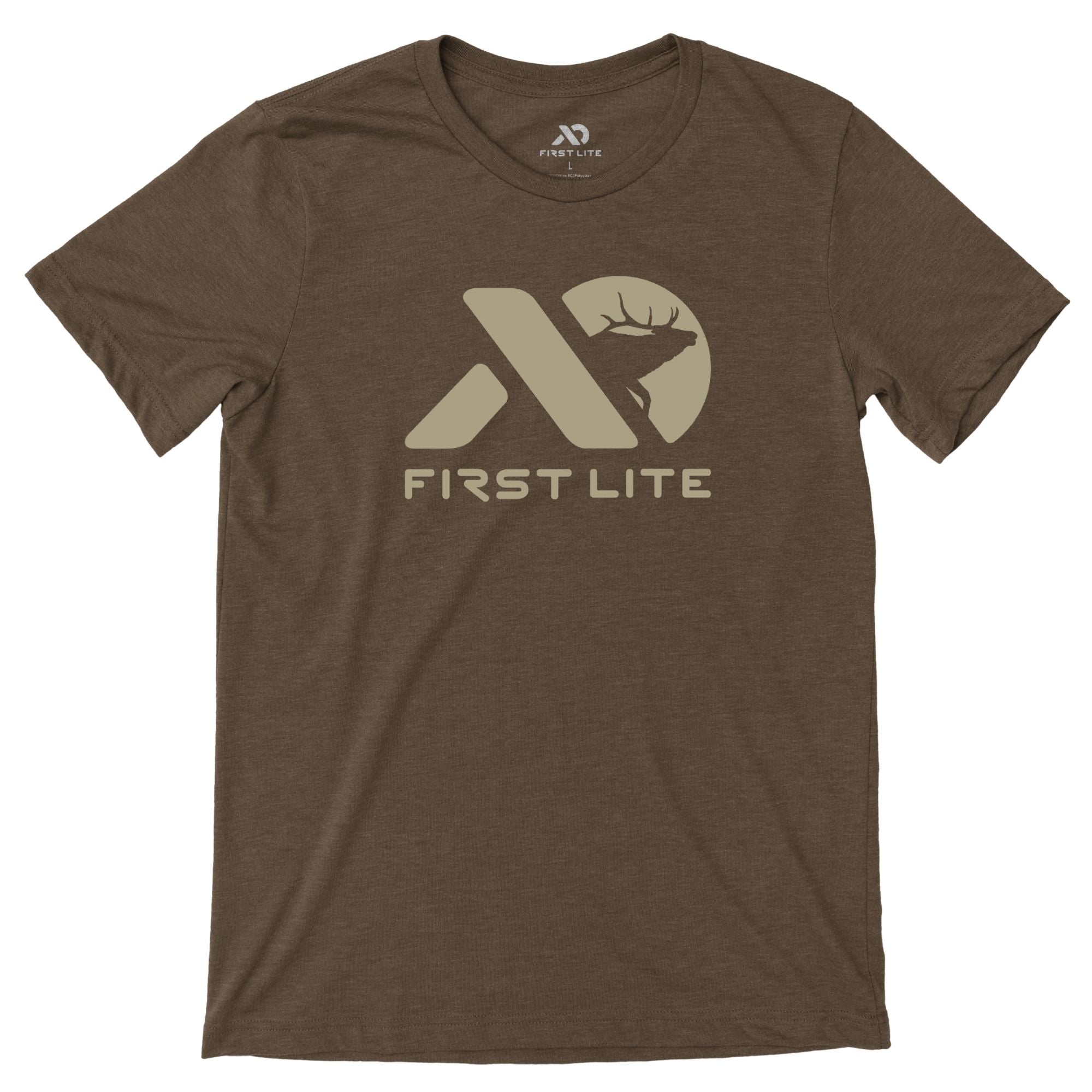 Heather brown t-shirt with a tan geometric back print featuring an elk silhouette within the logo and "FIRST LITE" text below