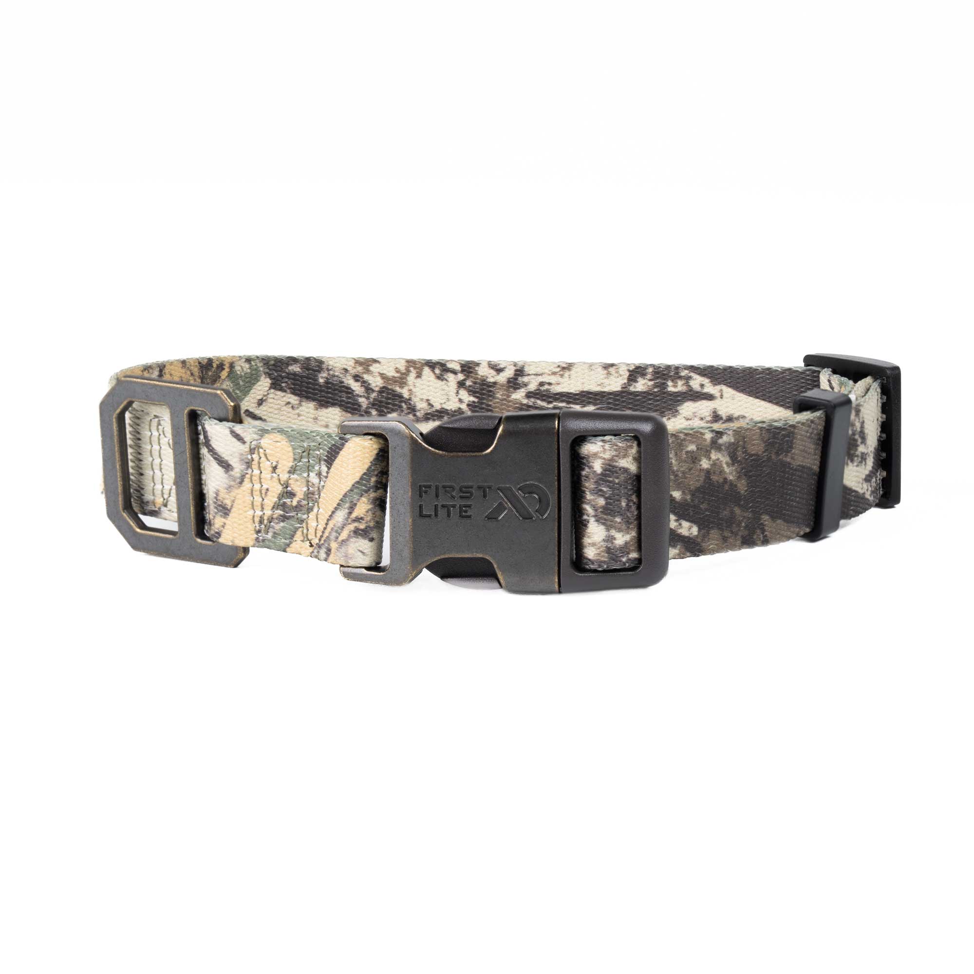 A camouflage dog collar with a black plastic quick-release buckle, shown against a plain white background. The collar features a woodland camo pattern in shades of green, brown, and beige.